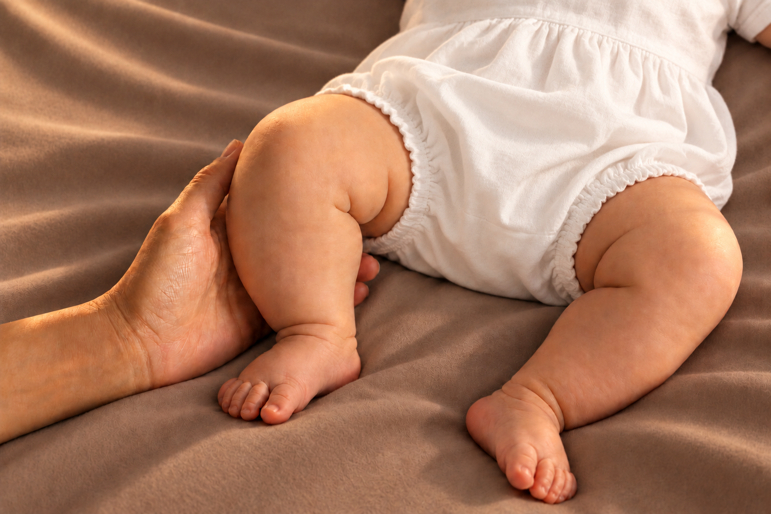 Baby in een los gebroken wit katoenen broekje op een taupe lakentje, met zichtbare voetjes in warm licht