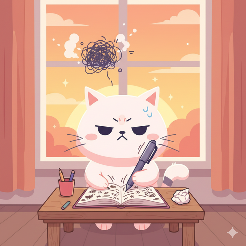 A cartoon white cat sitting at a wooden desk, scribbling in a notebook with a concentrated expression. The cat is holding a large pen, with a crumpled piece of paper nearby. Behind the cat is a window with orange curtains, showing a sunset with clouds and a bright sun, creating a warm atmosphere. There are extra pens in a pink cup on the desk, and a single loose pen lying on the table.