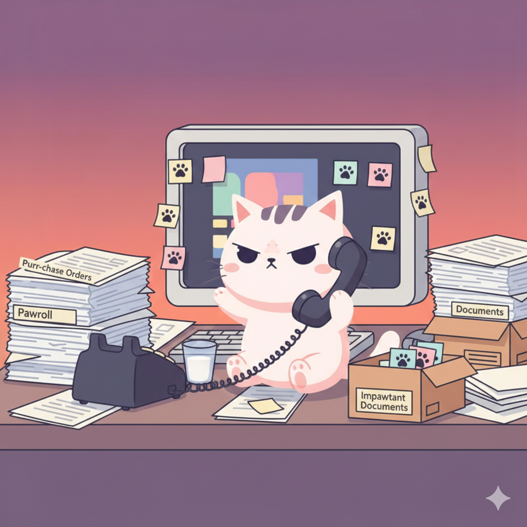 Illustration of a grumpy cat sitting at a cluttered desk with stacks of paperwork, a computer, a telephone, and some cat-themed sticky notes. The cat is holding a phone to its ear and looking annoyed.