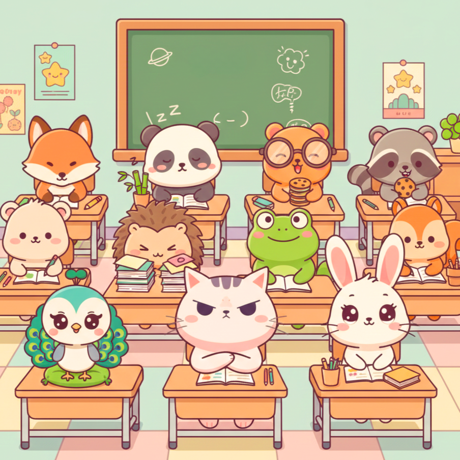 Cartoon animals sitting at desks in a classroom, with a chalkboard behind them, including a fox, panda, bear, raccoon, owl, hedgehog, frog, bunny, and cat, all engaged in study.