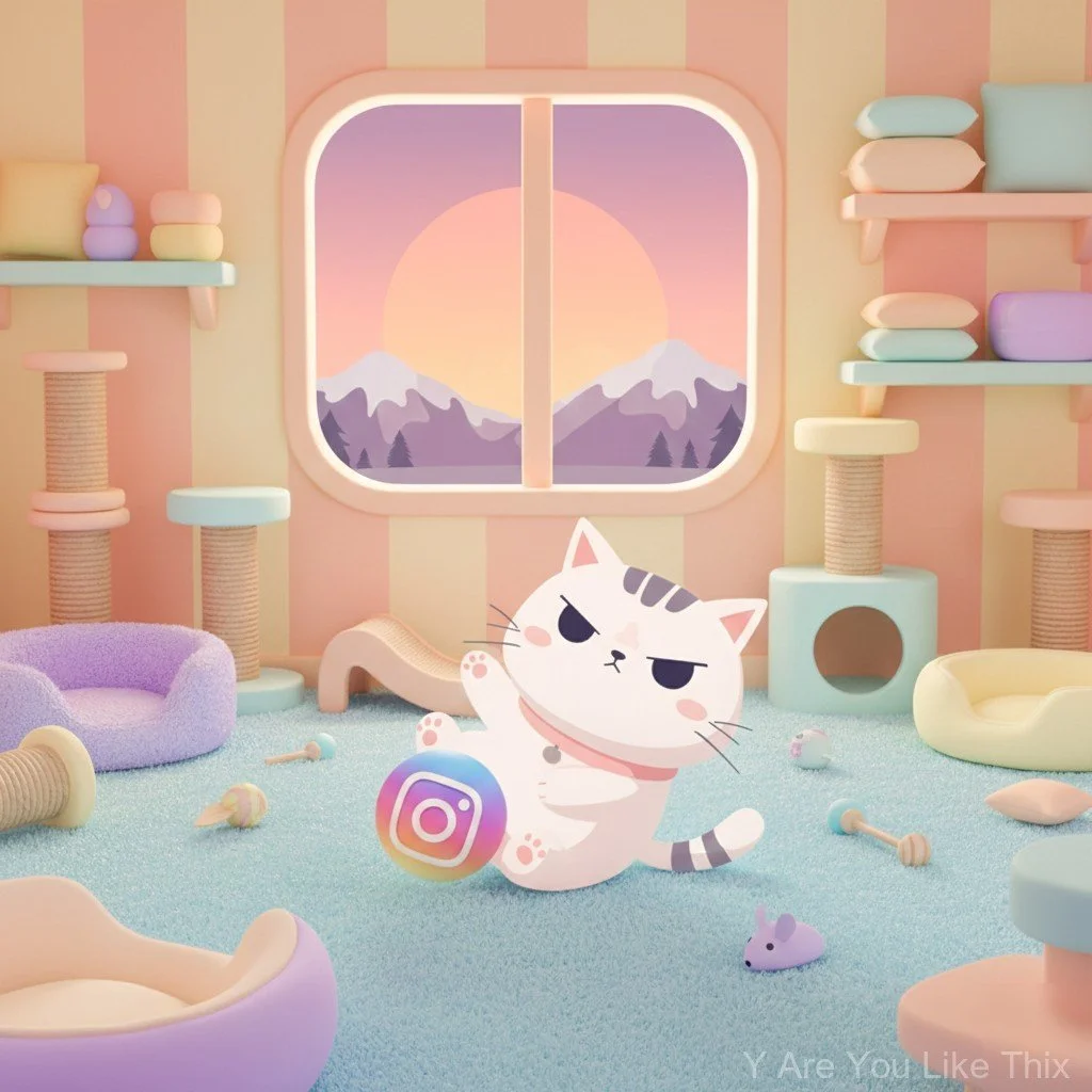 A cute cartoon cat with an angry expression sitting inside a pastel-colored cat playroom. The room has pastel furniture, scratching posts, and a window showing a sunset over snow-capped mountains.