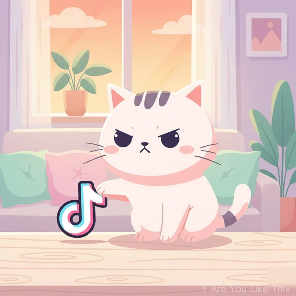 A cartoon cat with an angry expression, sitting in a cozy living room with pillows, plants, and a window showing an orange sky, holding a TikTok logo.