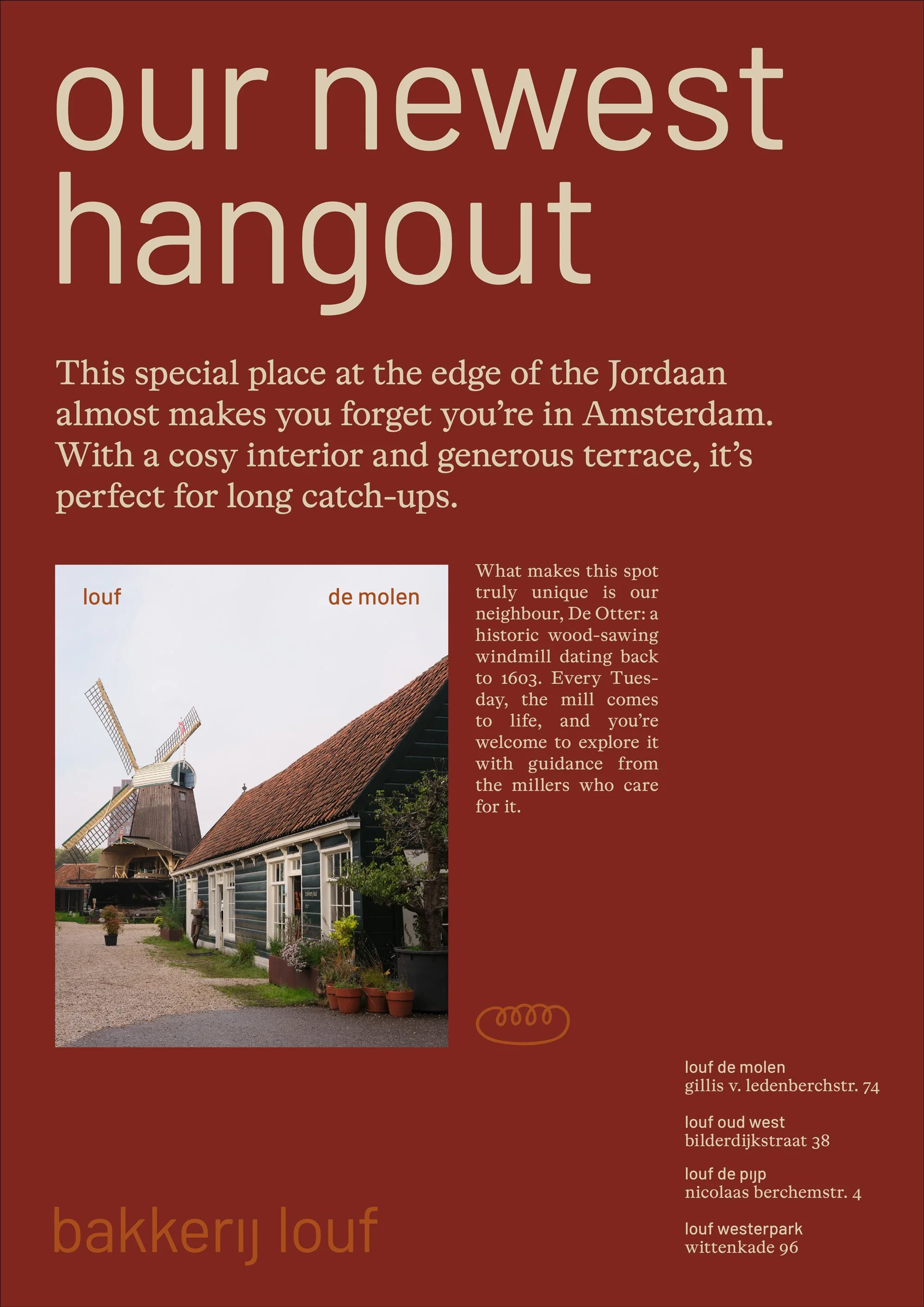 Poster promoting a new hangout spot near a traditional Dutch windmill with a terrace, featuring a photo of a windmill, and text describing the location's history and contact information.