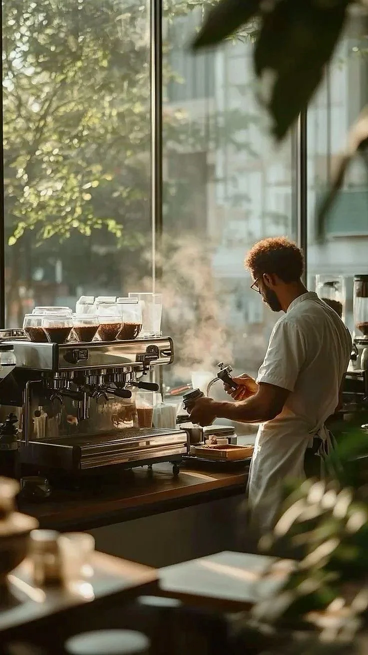 A barista at a coffee shop preparing drinks near a large window with trees and buildings outside.