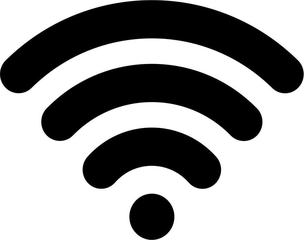 Outline of a Wi-Fi signal icon with three curved lines above a filled circle on a black background.