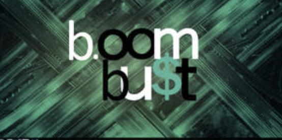 Graphic design with the words 'boom bust' and an arrow replacing the letter 't' on a green abstract background.
