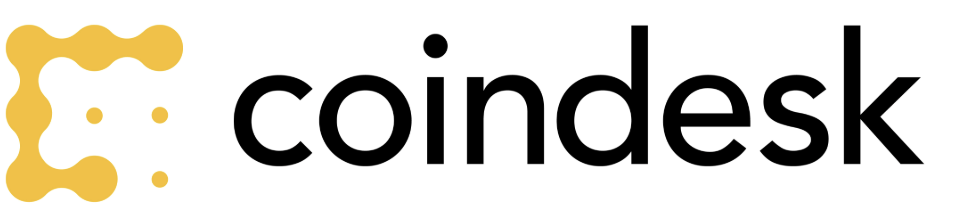 CoinDesk logo with yellow geometric symbol and black text