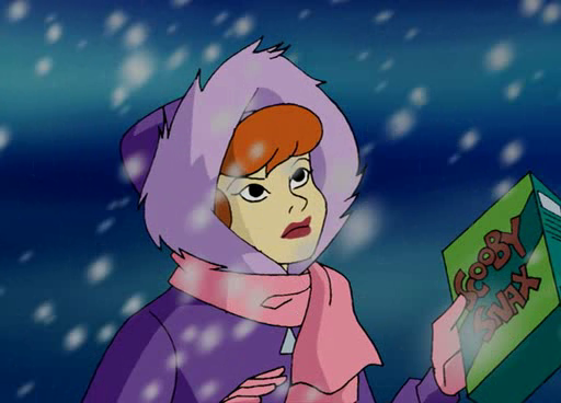 Animated woman with reddish hair wearing a purple hooded coat and pink scarf, holding a box of