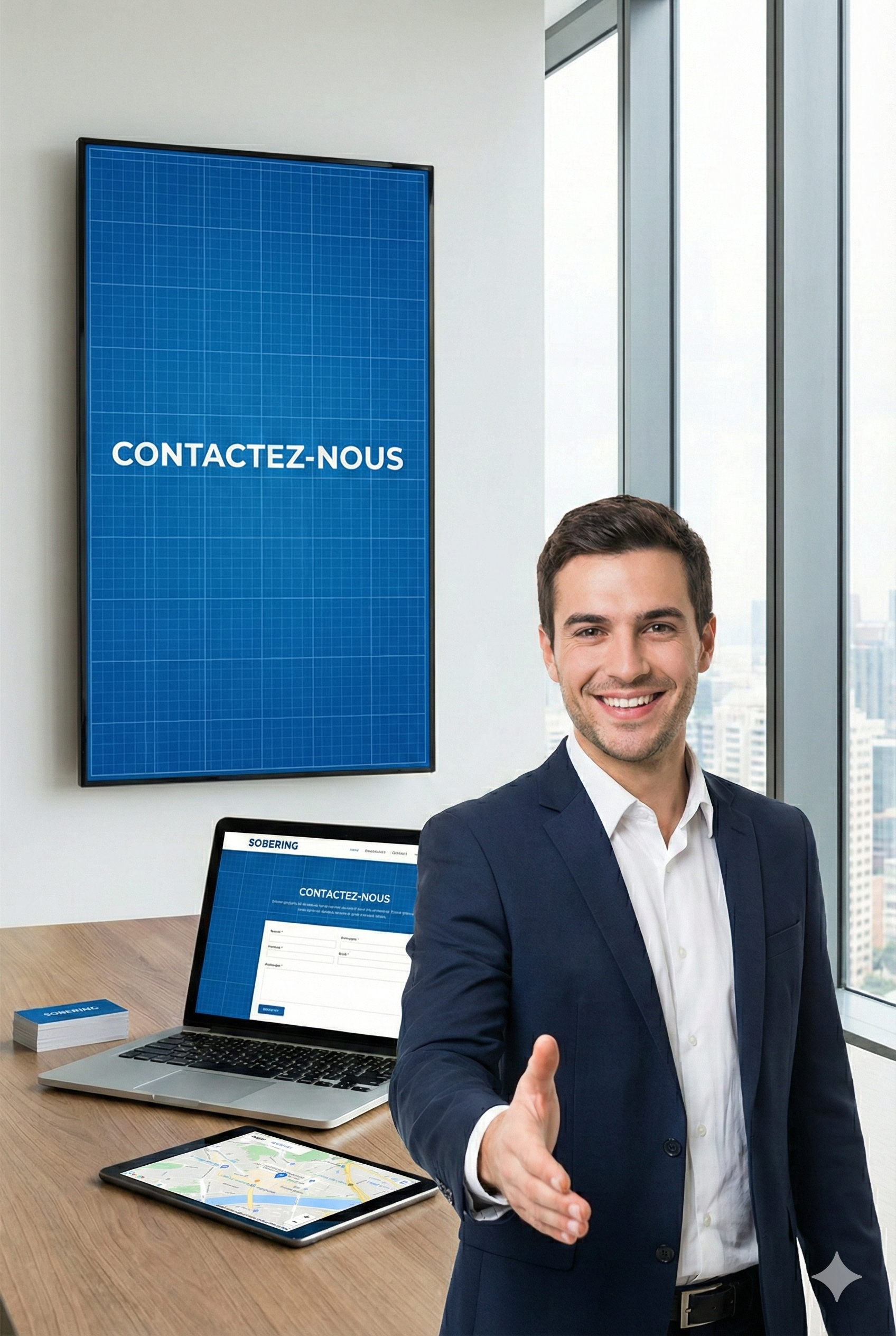 Un homme d'affaires souriant tend la main pour une poignée de main dans un bureau moderne, avec un écran affichant 'Contactez-Nous' en français et une tablette avec une carte, autour d'un ordinateur portable et une pile de cartes de visite.