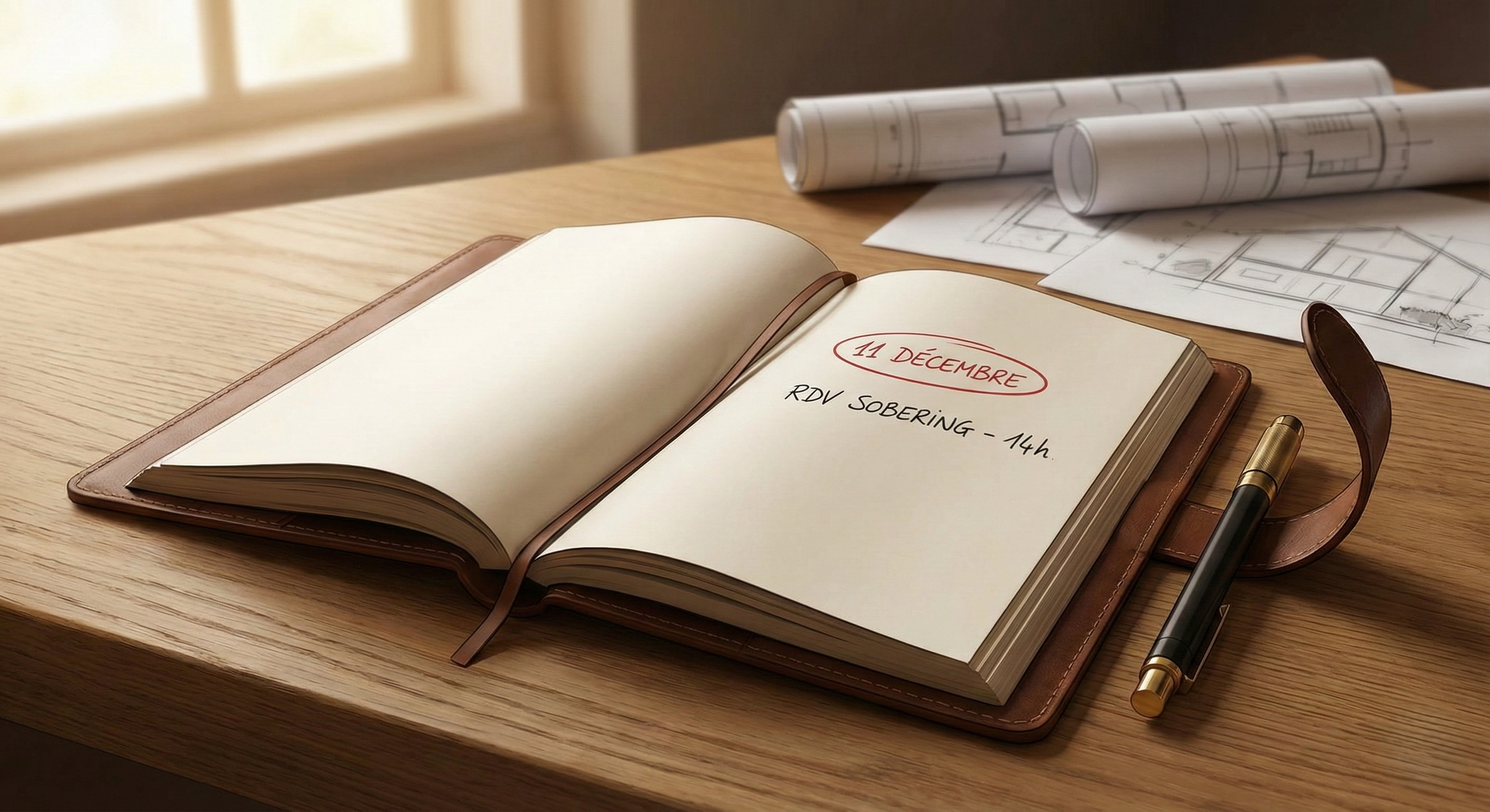Un carnet ouvert avec une note en français indiquant "11 décembre" et "RDV sobering - 14h" sur la page de droite, un stylo à côté, des plans architecturaux roulés et déployés sur un bureau en bois avec une lumière naturelle.