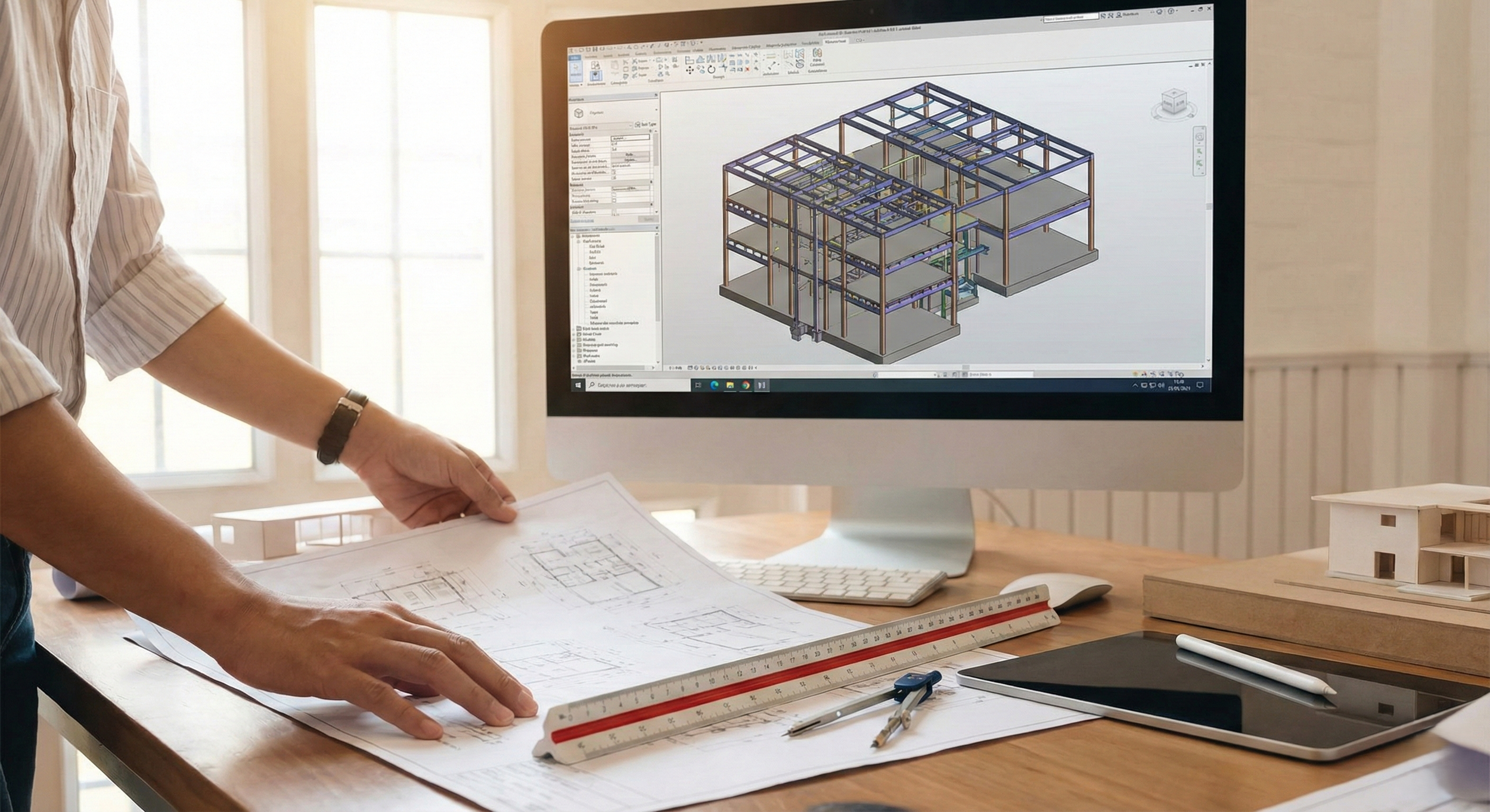 Un professionnel de l'architecture ou de l'ingénierie travaille sur un projet de bâtiment, en utilisant un ordinateur avec un logiciel de conception 3D affichant une structure en cadre métallique. Il manipule des plans et des outils de mesures sur un bureau en bois avec une règle, un crayon, une tablette, et un modèle réduit de maison.