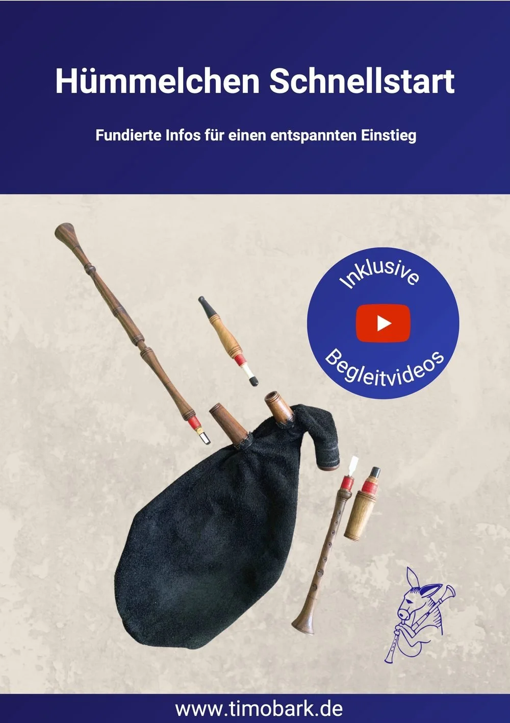 Zerlegtes Hümmelchen mit Ledersack, Melodiepfeife und Bordunen, Titelbild zum kostenlosen Hümmelchen Schnellstart von Timo Bark