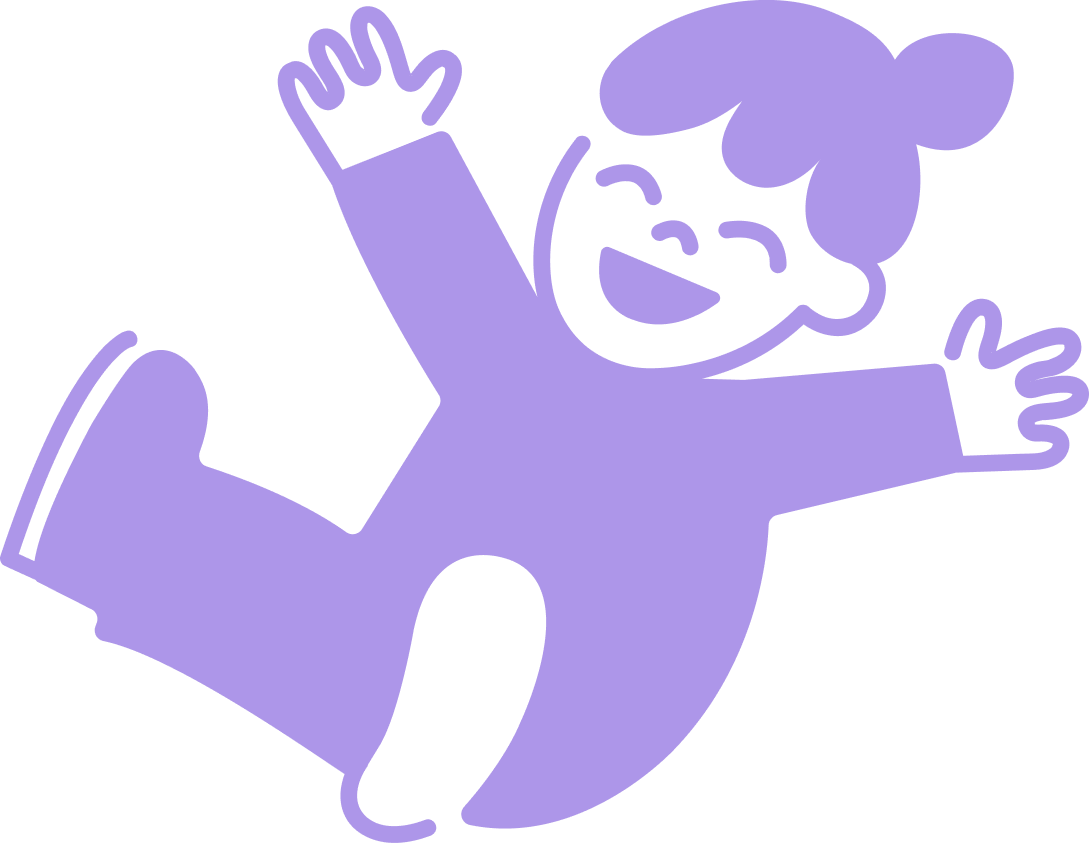 A purple cartoon child with a chef's hat, smiling and jumping with arms outstretched.
