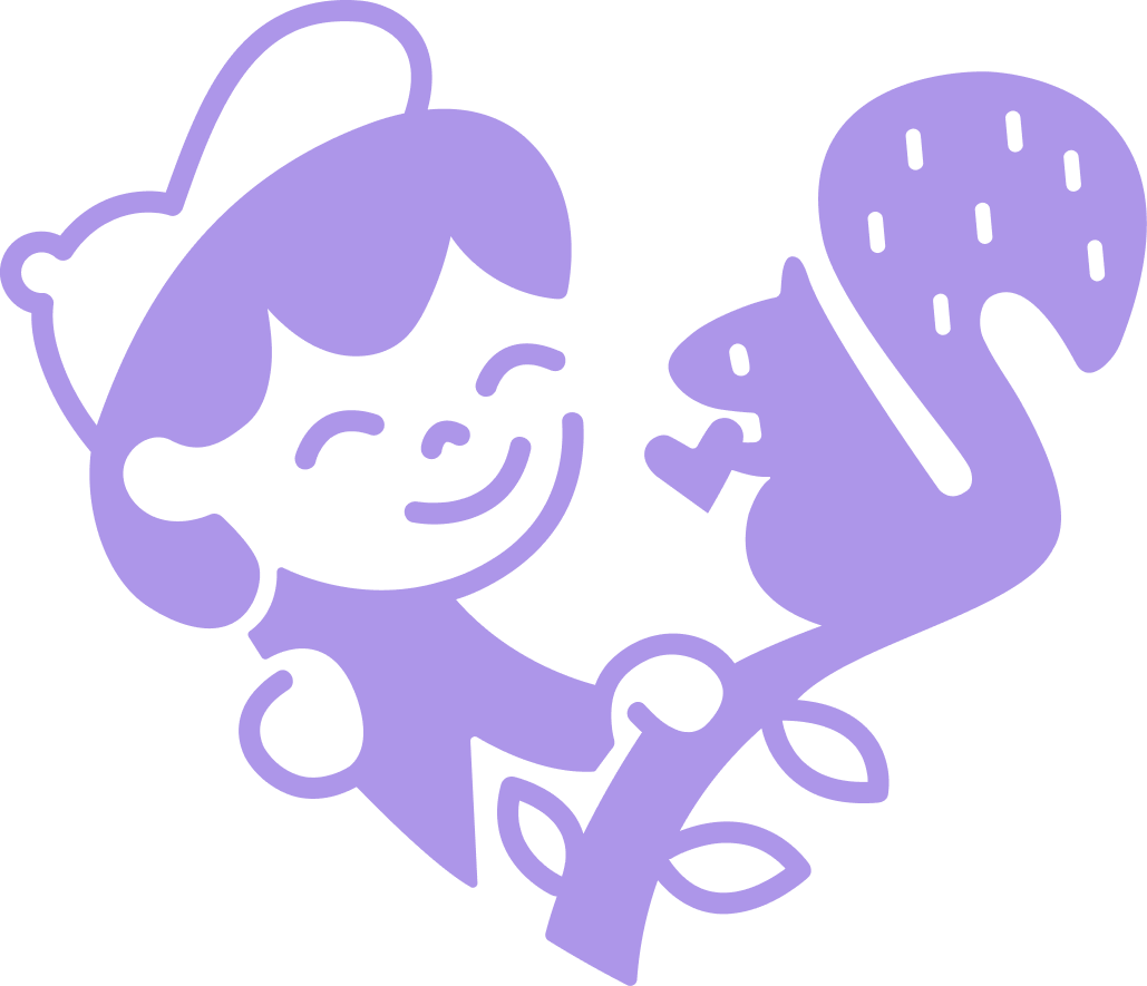 A purple line drawing of a smiling girl with a bow in her hair holding a flower with a frog at the base of the flower.