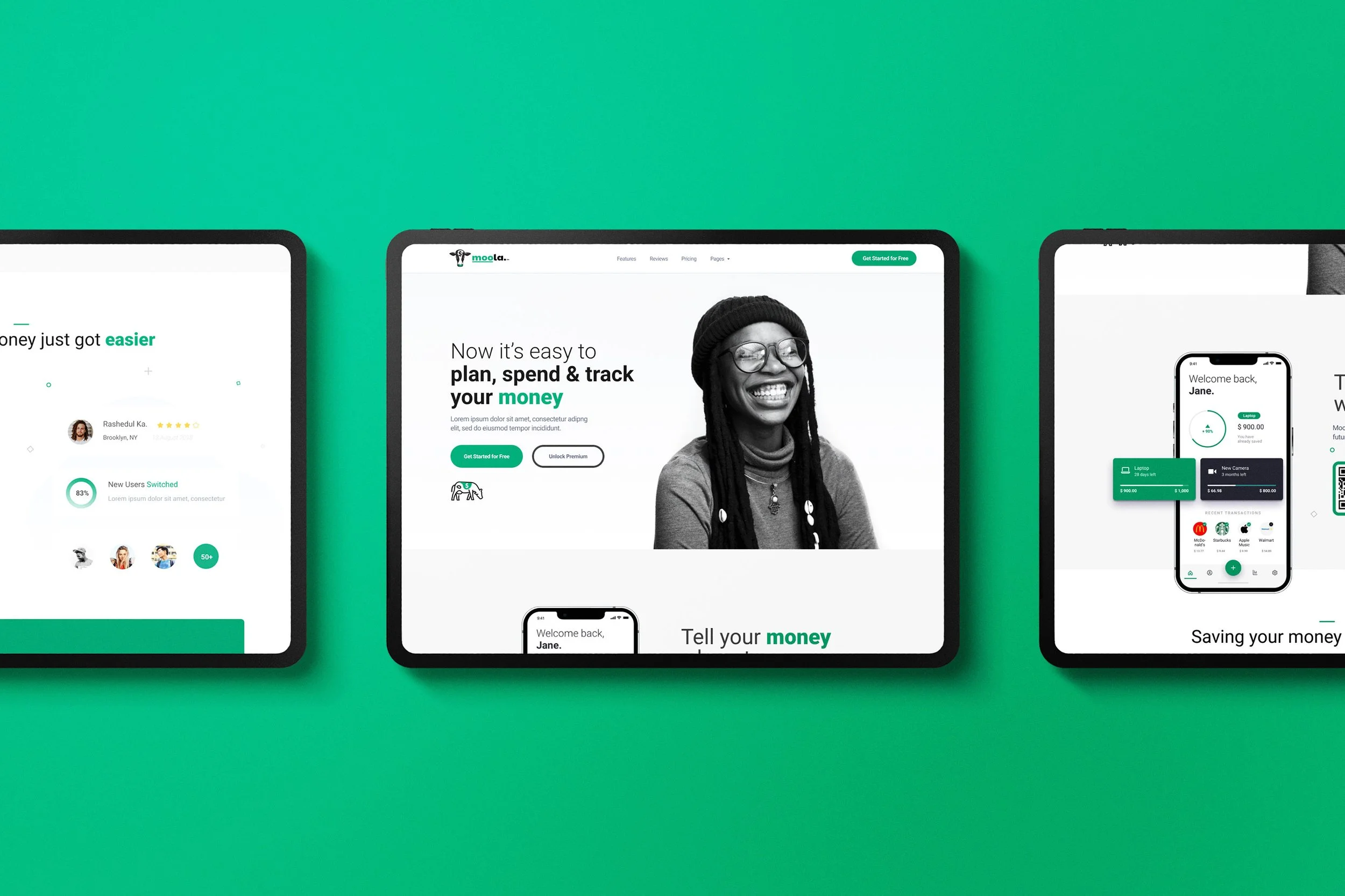 Three tablets displaying financial app interfaces on a green background.