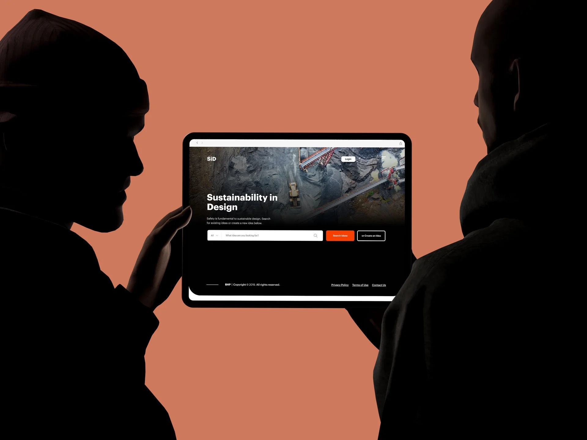 Two people are looking at a tablet showing a website about sustainability in design.