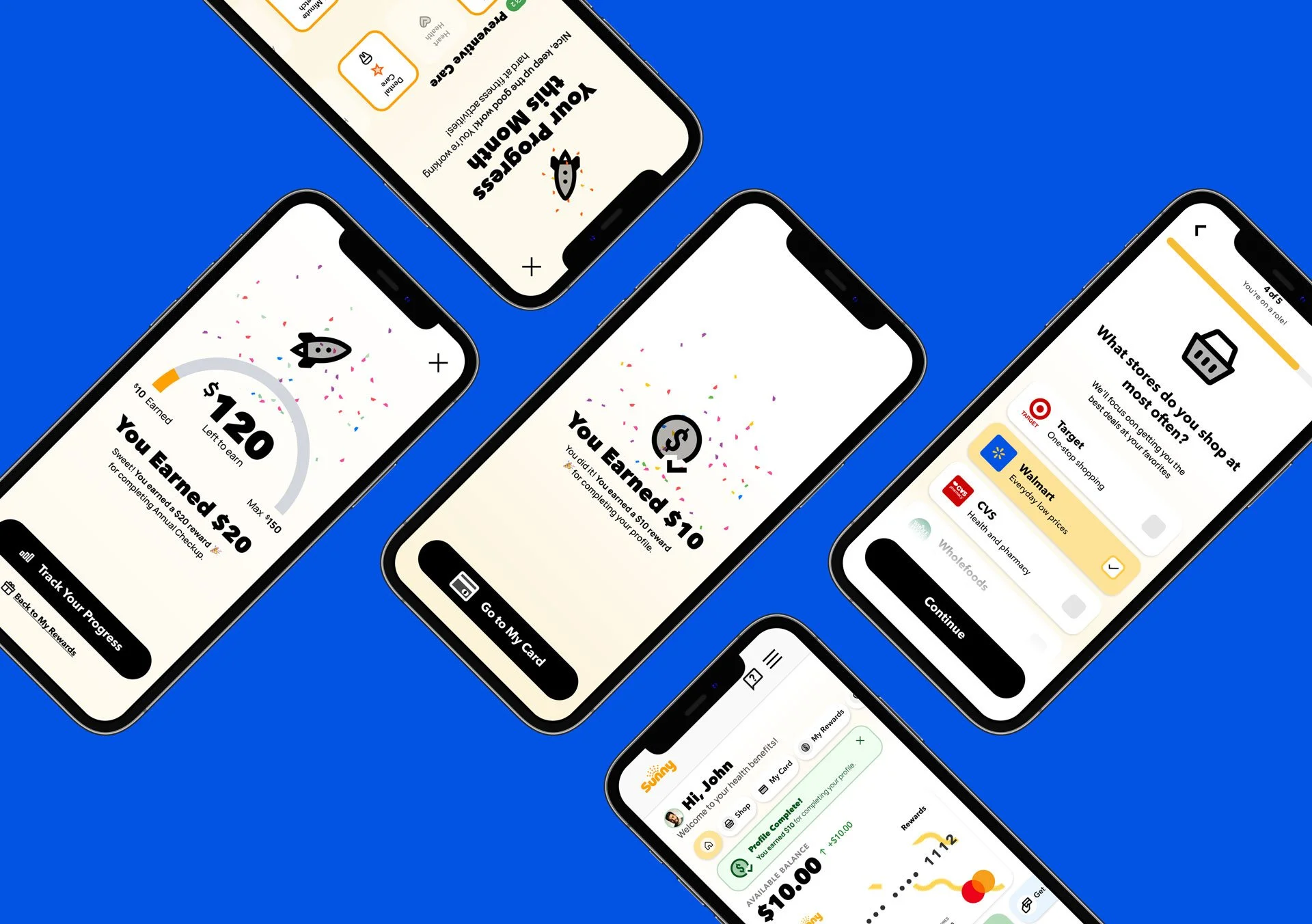 Smartphone screens displaying a rewards app interface on a blue background, with progress towards earning rewards, store options, and user profile.