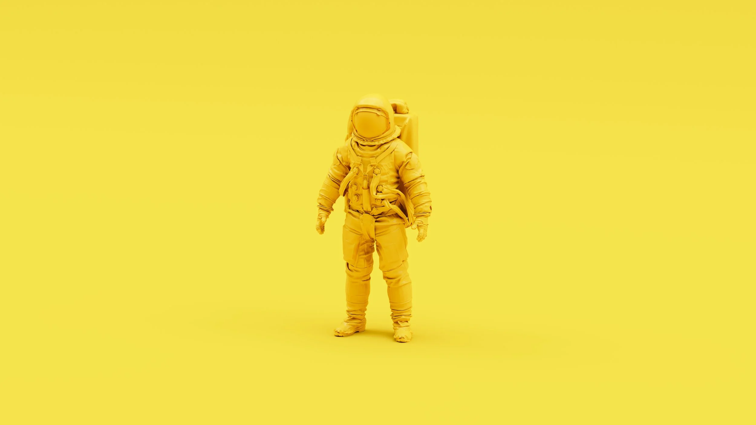 A yellow astronaut suit with a backpack standing against a yellow background.