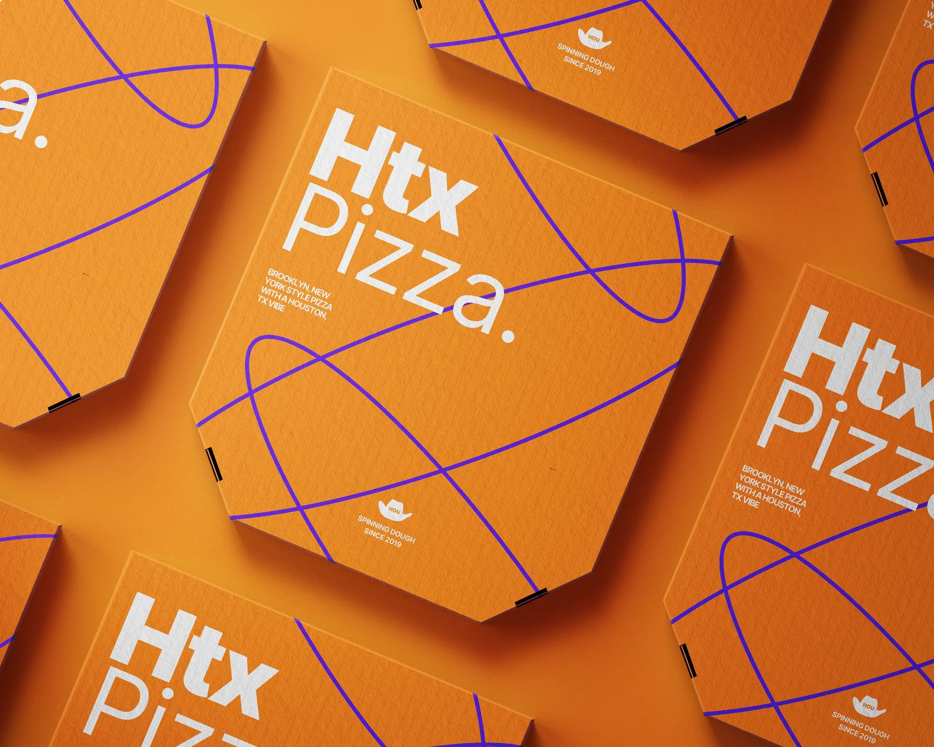 Multiple orange pizza boxes with purple lines and white text promoting Htx Pizza, a Brooklyn style pizza brand from Houston, Texas, established in 2019, on a matching orange surface.