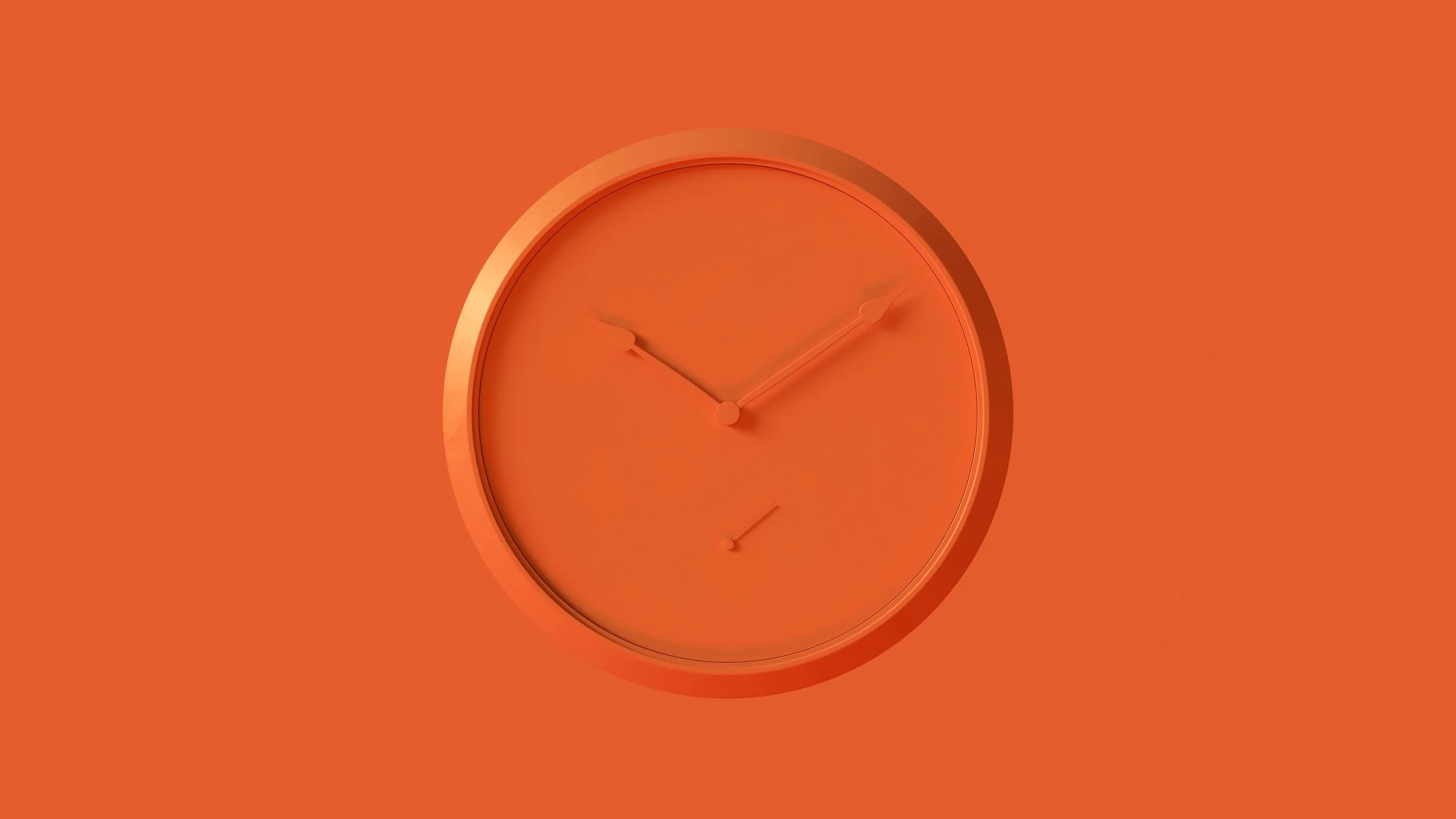 A round, orange wall clock with minimalist design showing the time as approximately 10:09 and 36 seconds. The clock is mounted on an orange wall.