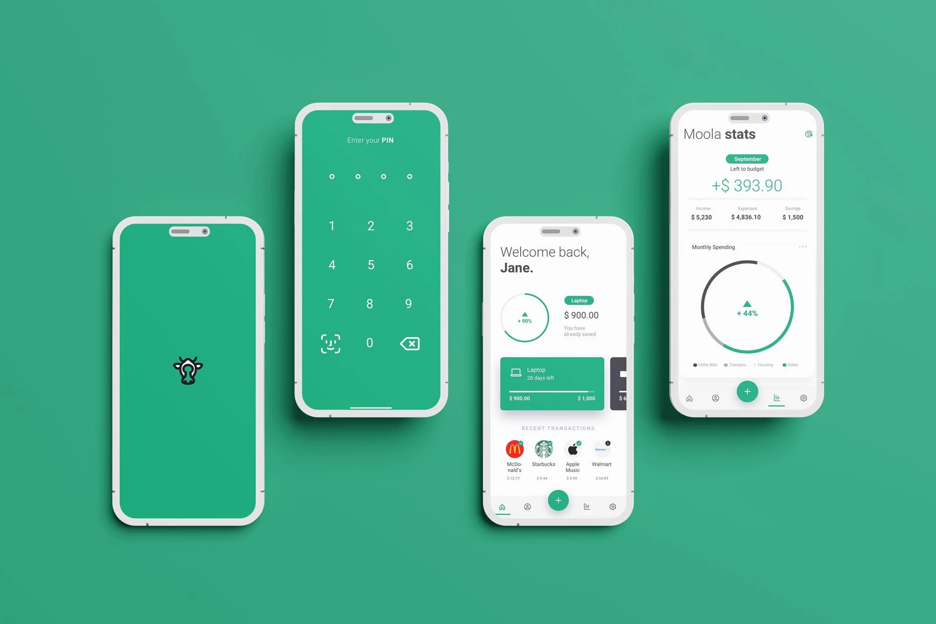 Four mobile phones showing various financial and security app screens, on a green background.
