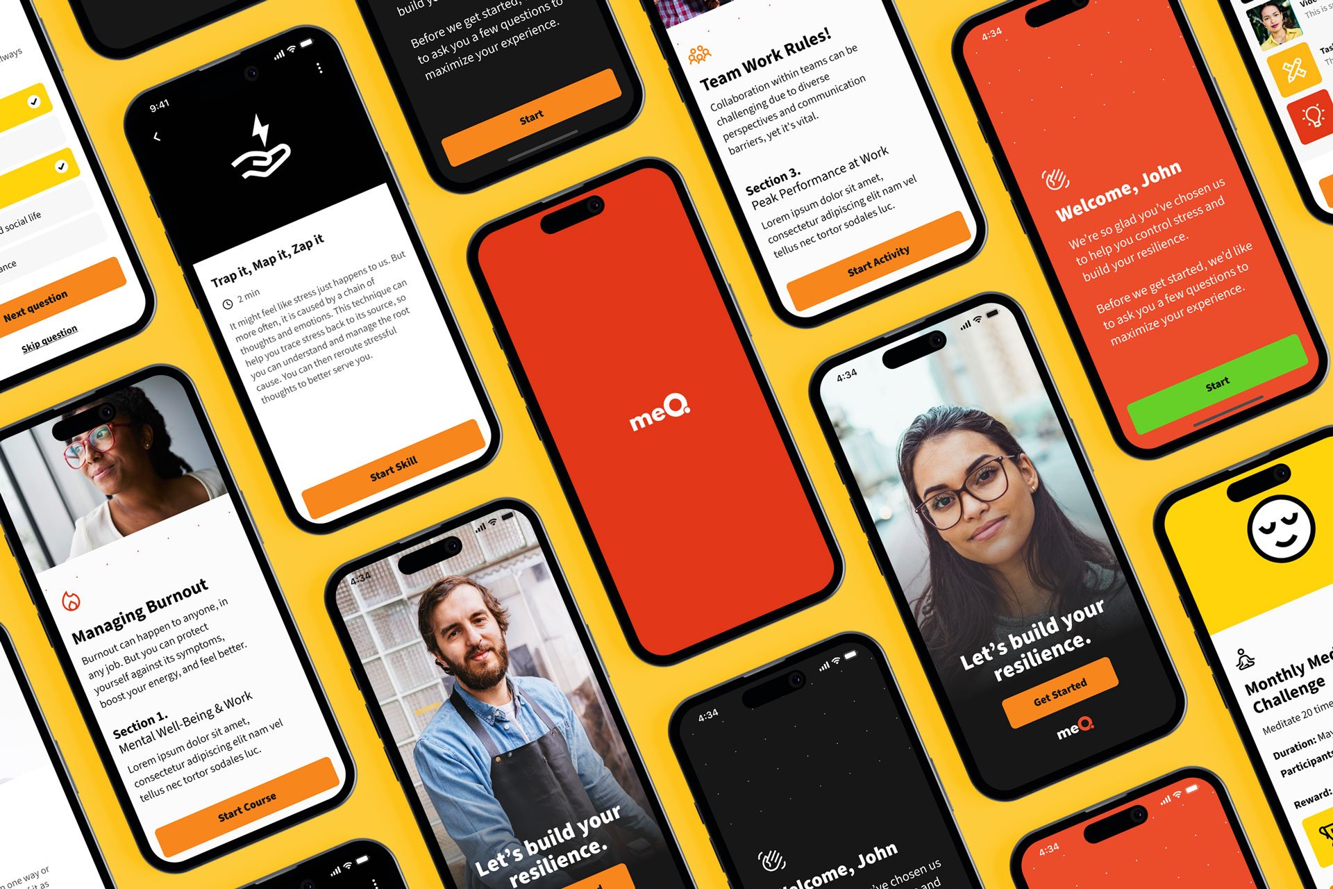 Multiple smartphones displaying screens of a mental health and resilience app called 'meQ' with various interface screens, including user profile, app introduction, team work rules, activity prompts, and motivational messages, all set against a yellow background.