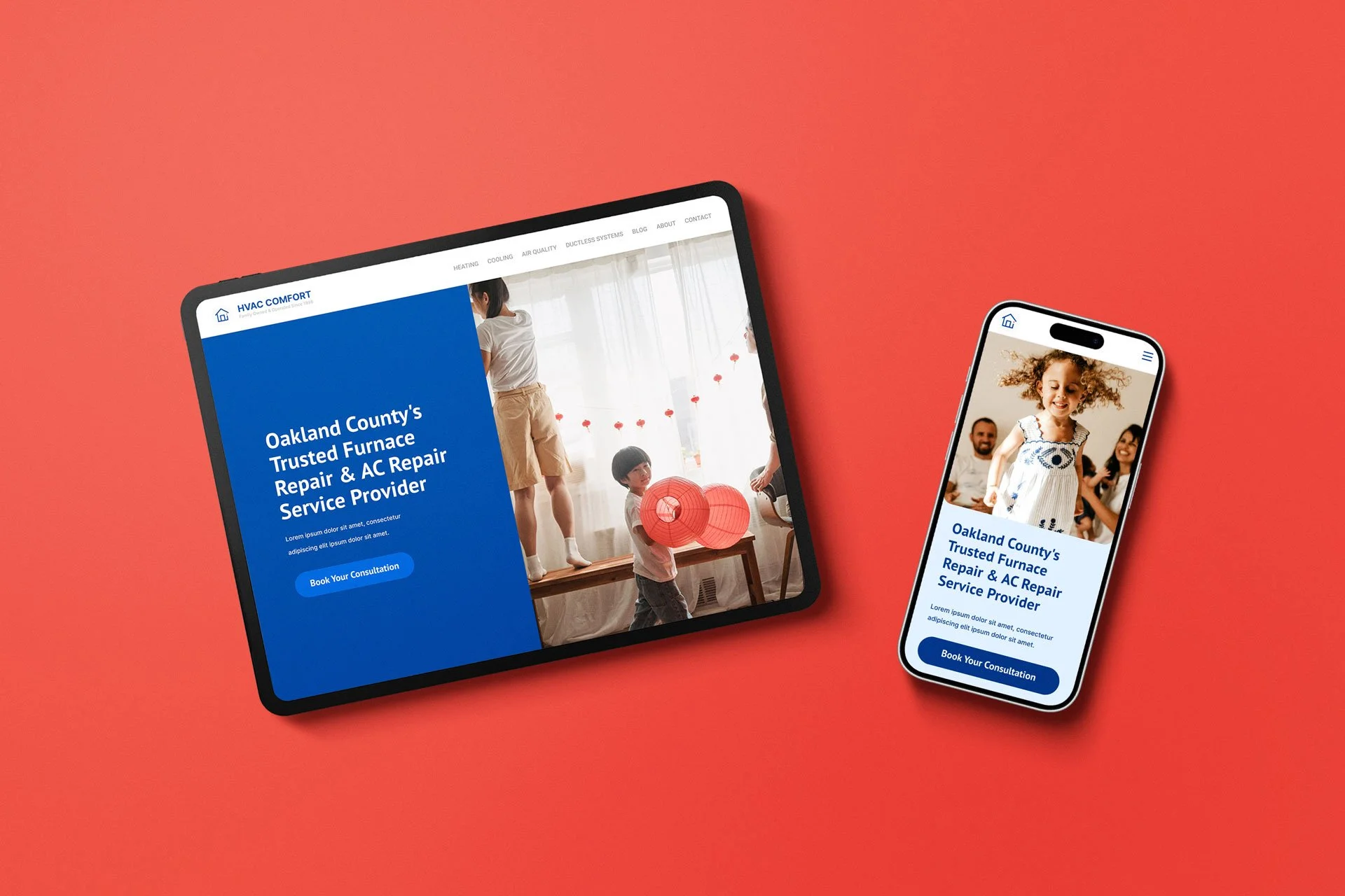 Digital marketing display on a tablet and smartphone for HVAC services, featuring a blue and white color scheme, text about HVAC comfort and repair, and images of smiling people and children.