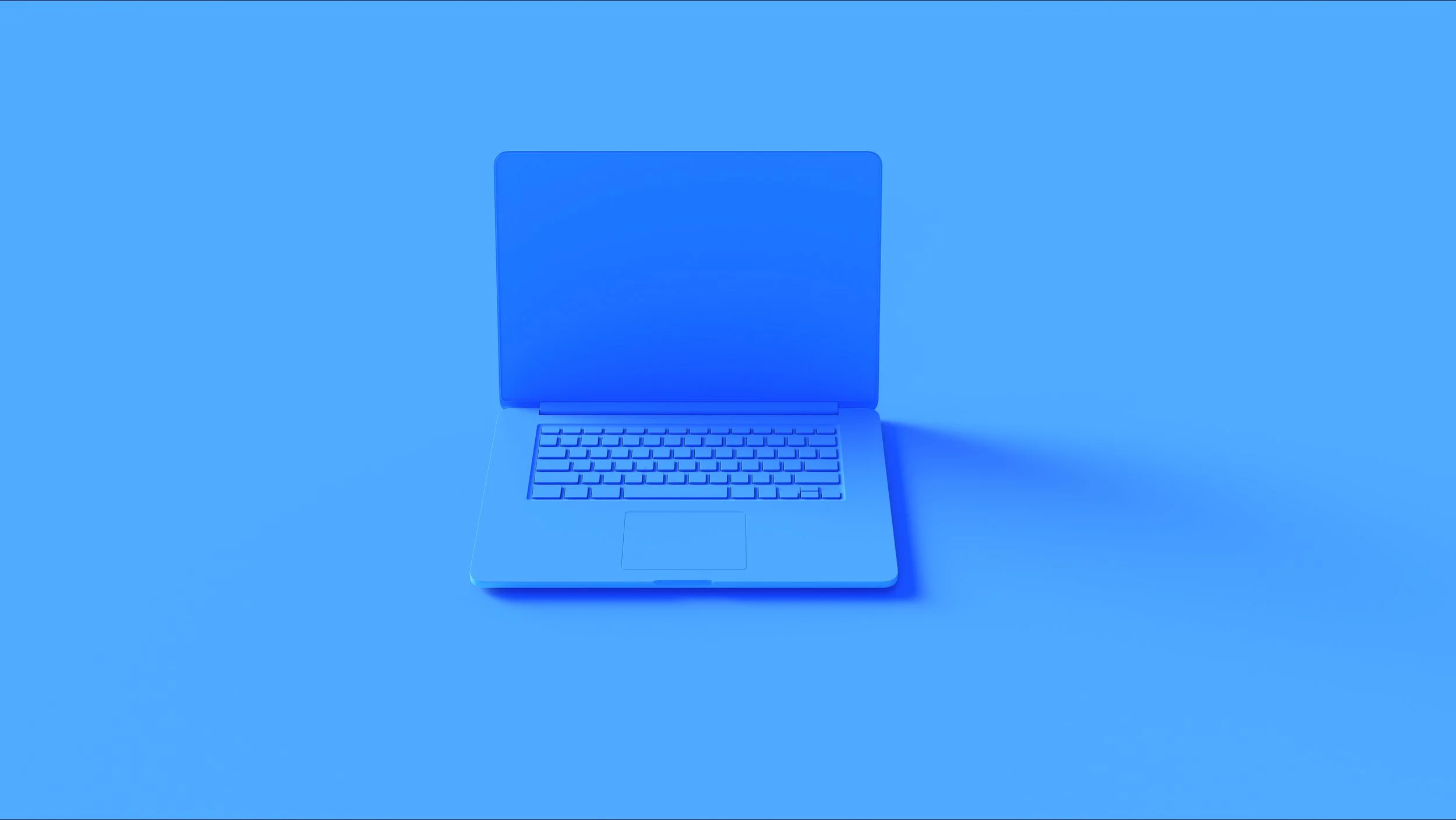 A blue laptop with a keyboard, open on a solid blue background.