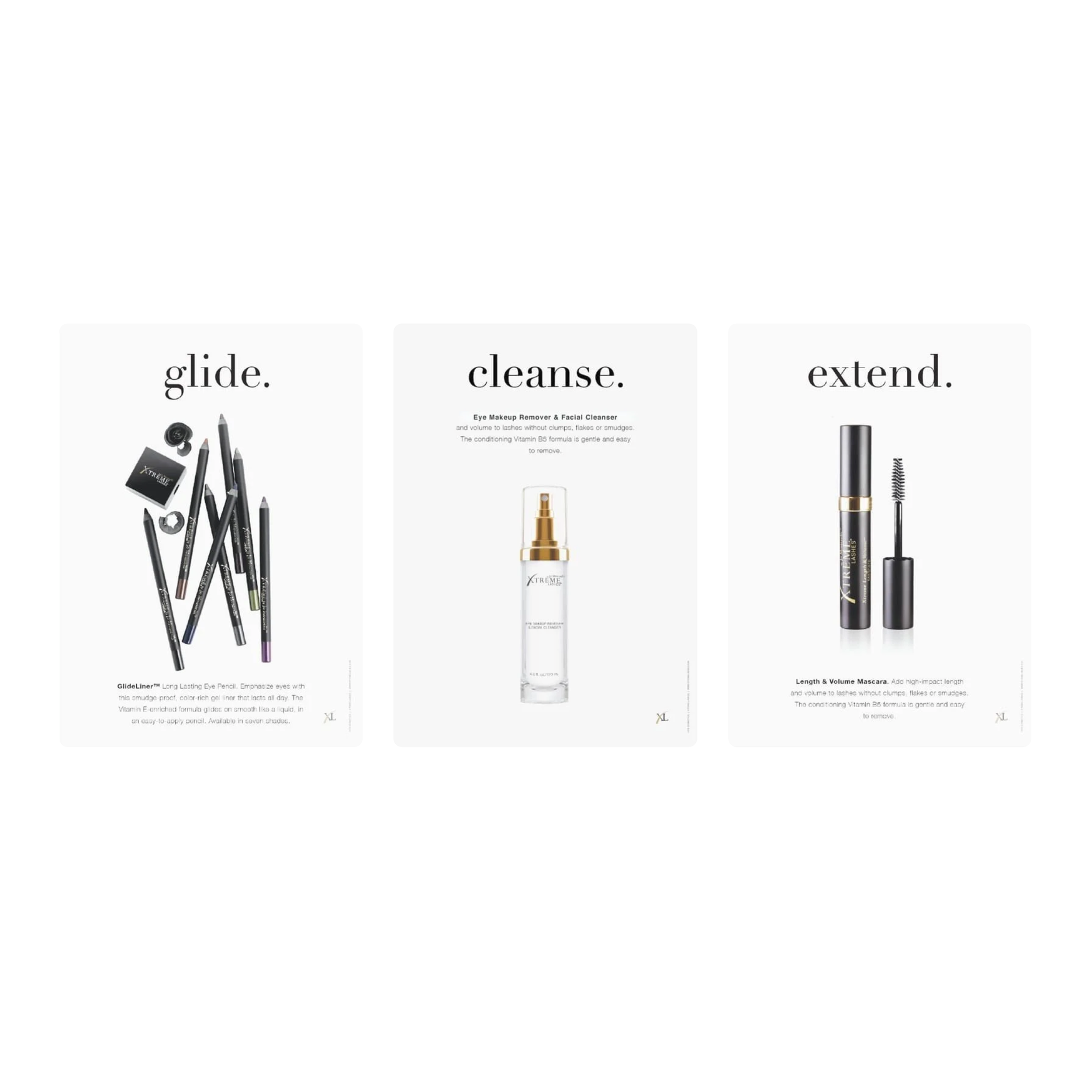 Three skincare and makeup product images with instructional text overlay: the first image shows eyeliner pencils with the word 'glide', the second image shows a facial cleanser bottle with the word 'cleanse', and the third image shows mascara with the word 'extend'.