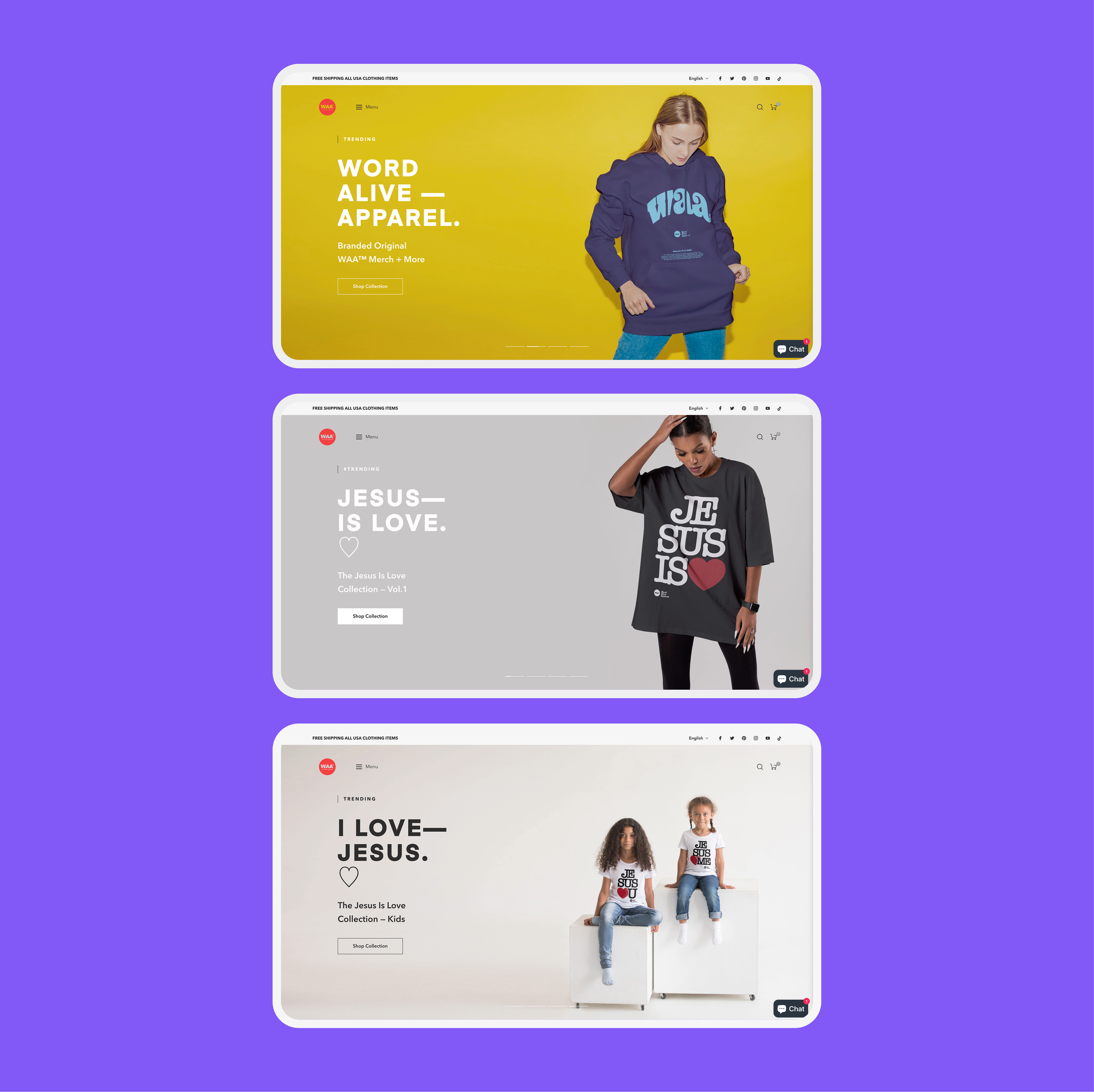 Three online store webpage mockups displaying clothing with religious themes, featuring models in casual outfits with text like "Word Alive Apparel," "Jesus is Love," and "I Love Jesus," set against a purple background.