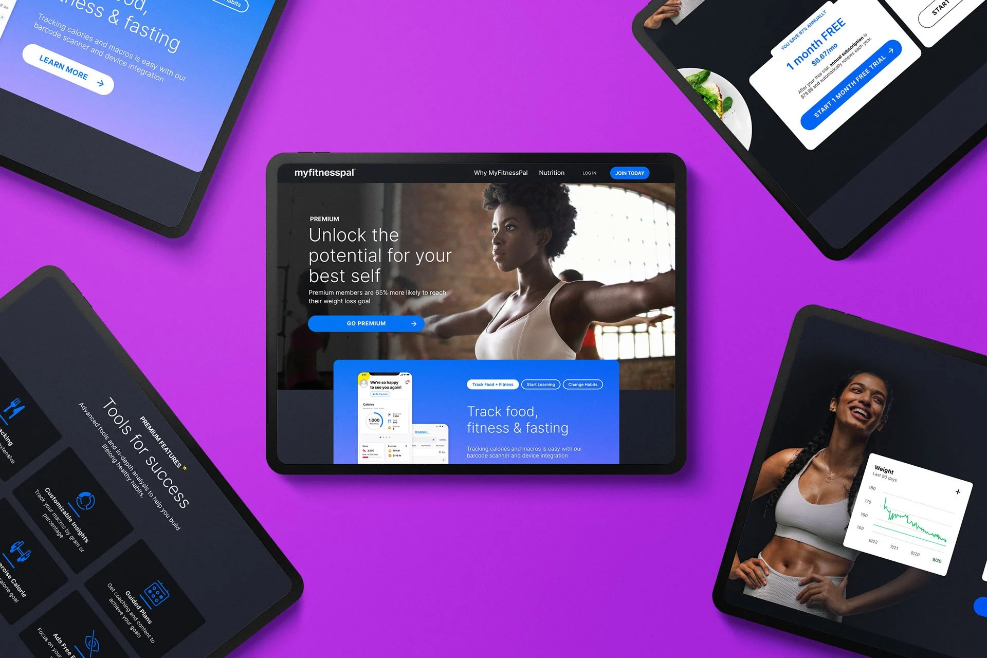 Screenshots of fitness and health tracking app interfaces featuring a woman with short natural hair stretching, a smiling woman with a fitness tracker, and app screens displaying weight loss graphs, food tracking, and premium membership options on a purple gradient background.