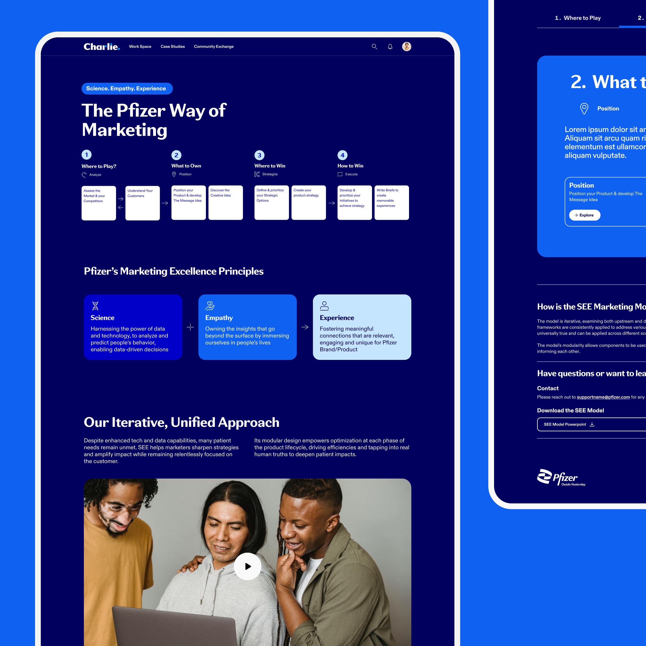 Website screenshot with blue background featuring Pfizer marketing principles, strategy steps, and an image of three people looking at a laptop.
