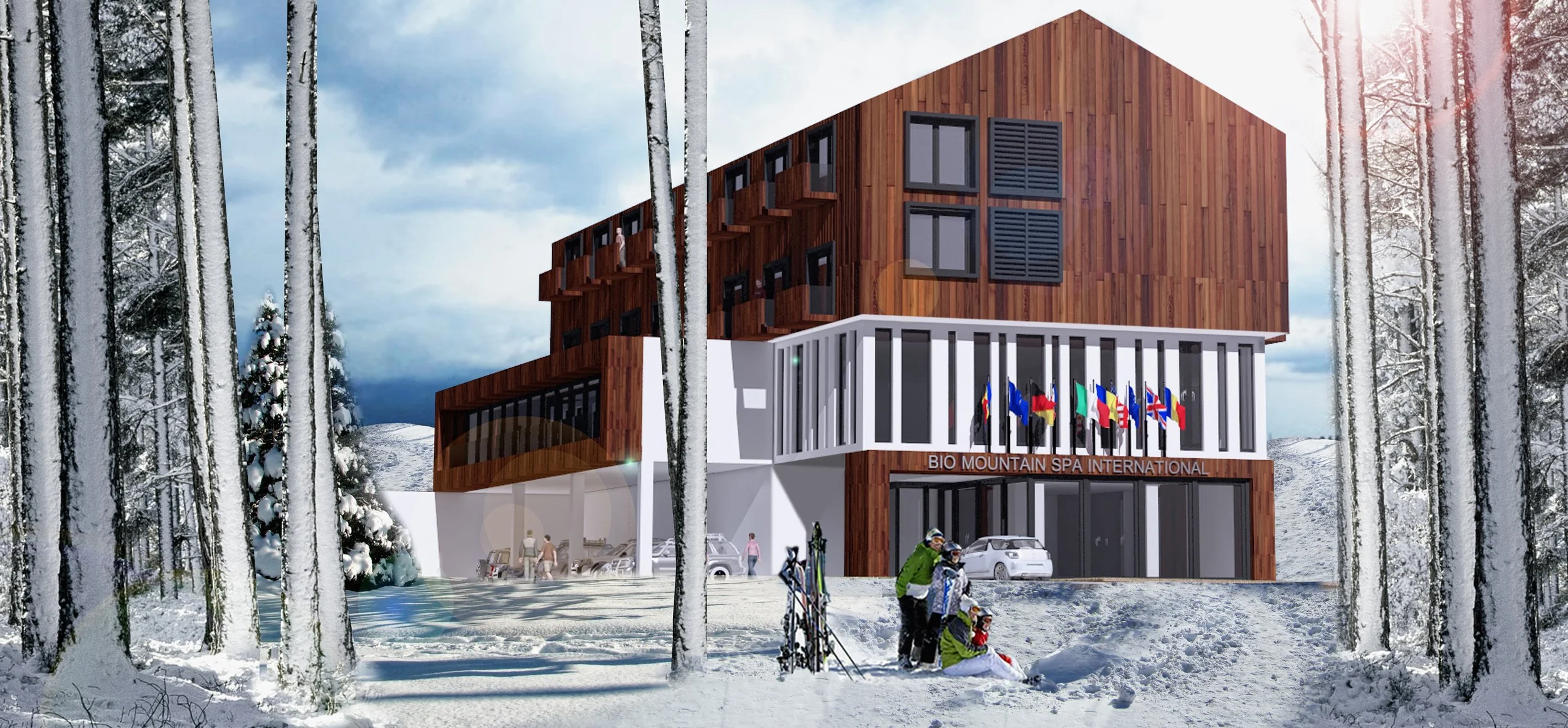 A modern hotel building in a snowy mountain landscape with a forest of snow-covered trees in the foreground. The hotel has a wooden exterior with multiple windows, and a large sign reading 'Bio Mountain Spa International.' People are snowboarding or skiing in front of the hotel, and a few cars are parked nearby. Flags of various countries hang on a fence in front of the hotel.