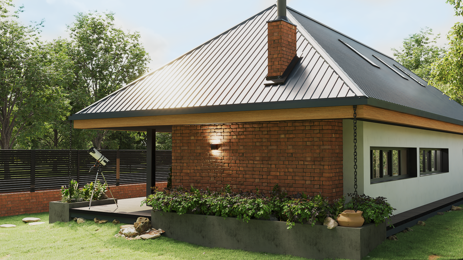 A modern house with a brick chimney and a metal roof, surrounded by green trees and a well-maintained lawn. There is a telescope on a tripod near a garden bed and a black fence in the background.