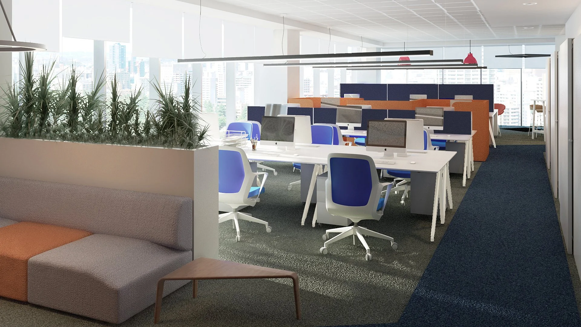 Modern open-plan office with row of desks, computers, blue and white chairs, large windows with city skyline, plant divider, and a seating area with a beige and orange sofa.