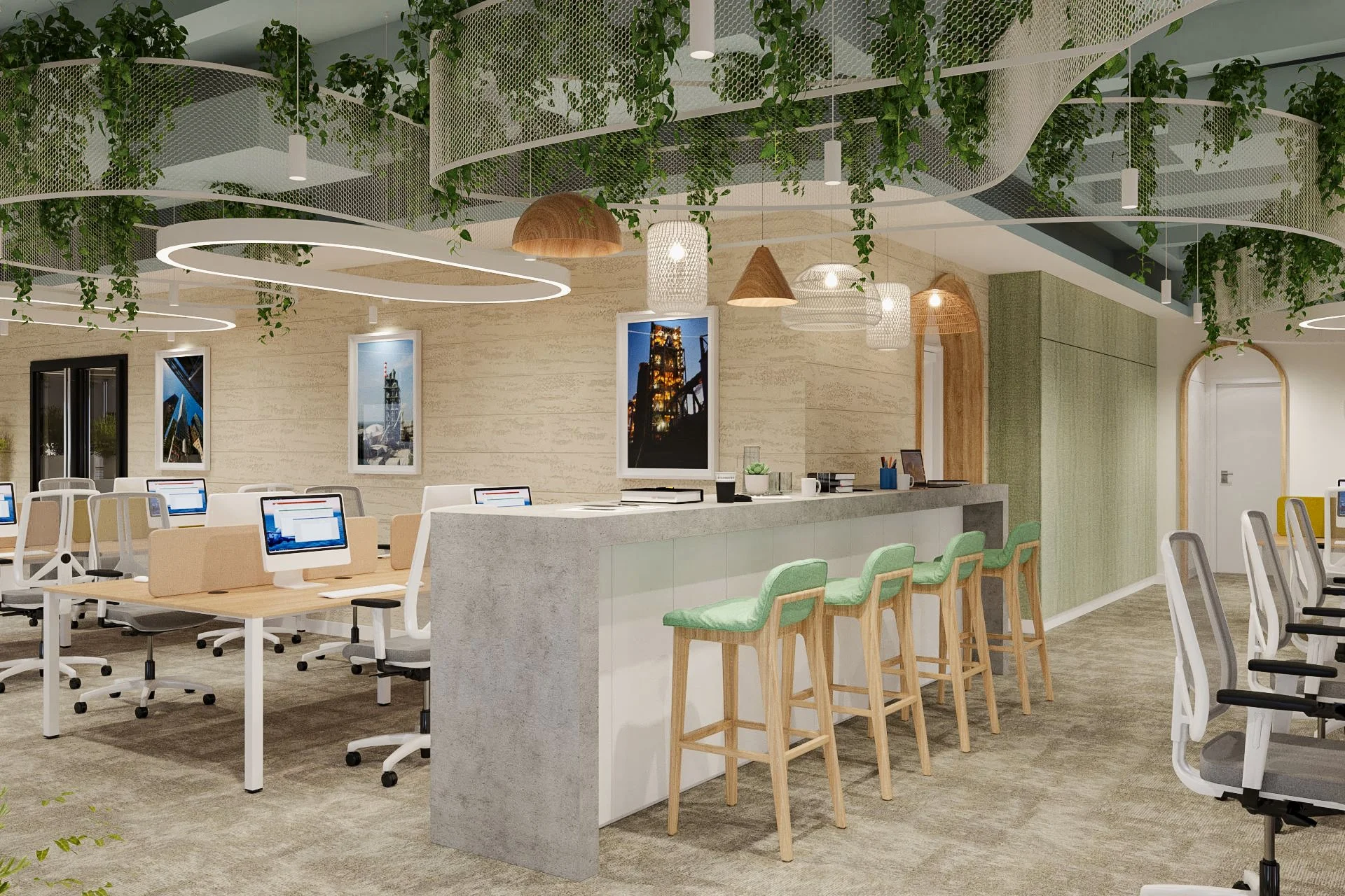 Modern office with open workspace, multiple desks with computers, a small bar with green cushioned bar stools, hanging pendant and circular LED lights, decorative plants, framed artwork, and a textured beige wall.