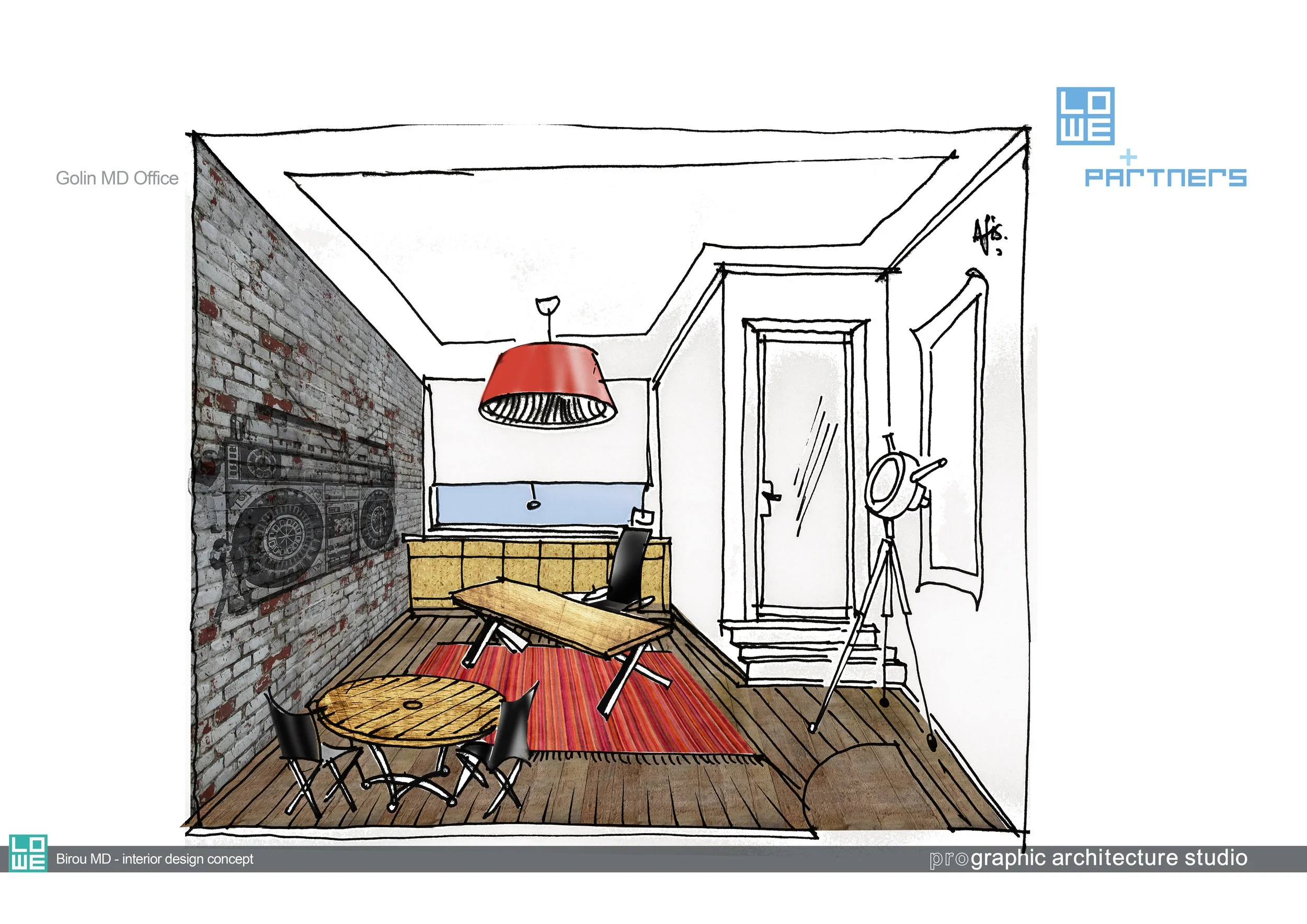 Drawing of a modern office interior with brick wall, large window, red hanging lamp, wooden floors, a desk with an office chair, a small round table with chairs, a flip chart, and wall art, with branding and labels for a design concept.