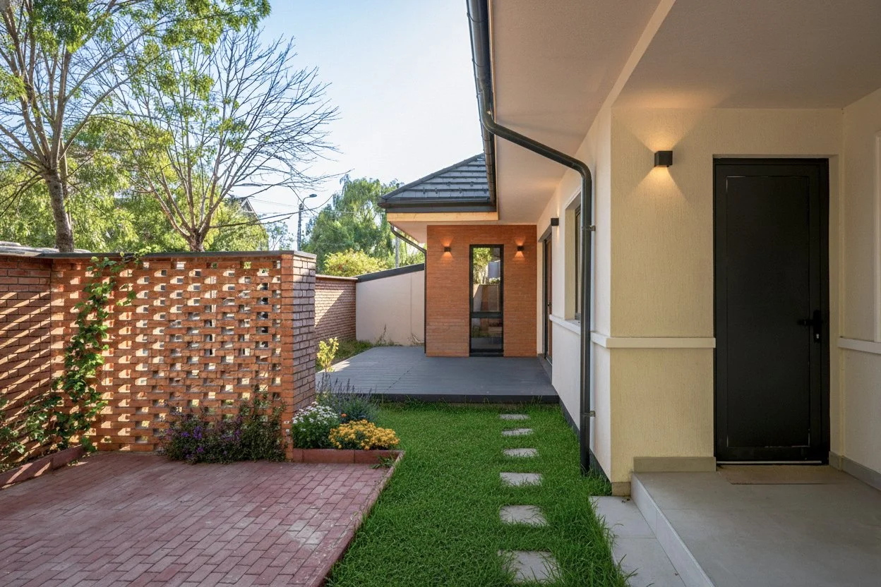 View of a modern house's outdoor patio area with a small grassy pathway, brick and stucco walls, and a wooden deck, with trees and a fence in the background.