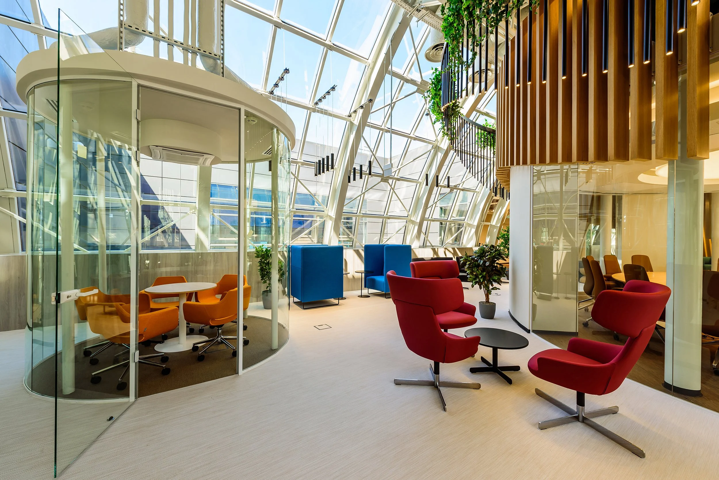 Modern office lounge area with colorful armchairs and meeting rooms inside a glass-walled building with a curved glass ceiling, natural light, and indoor plants.