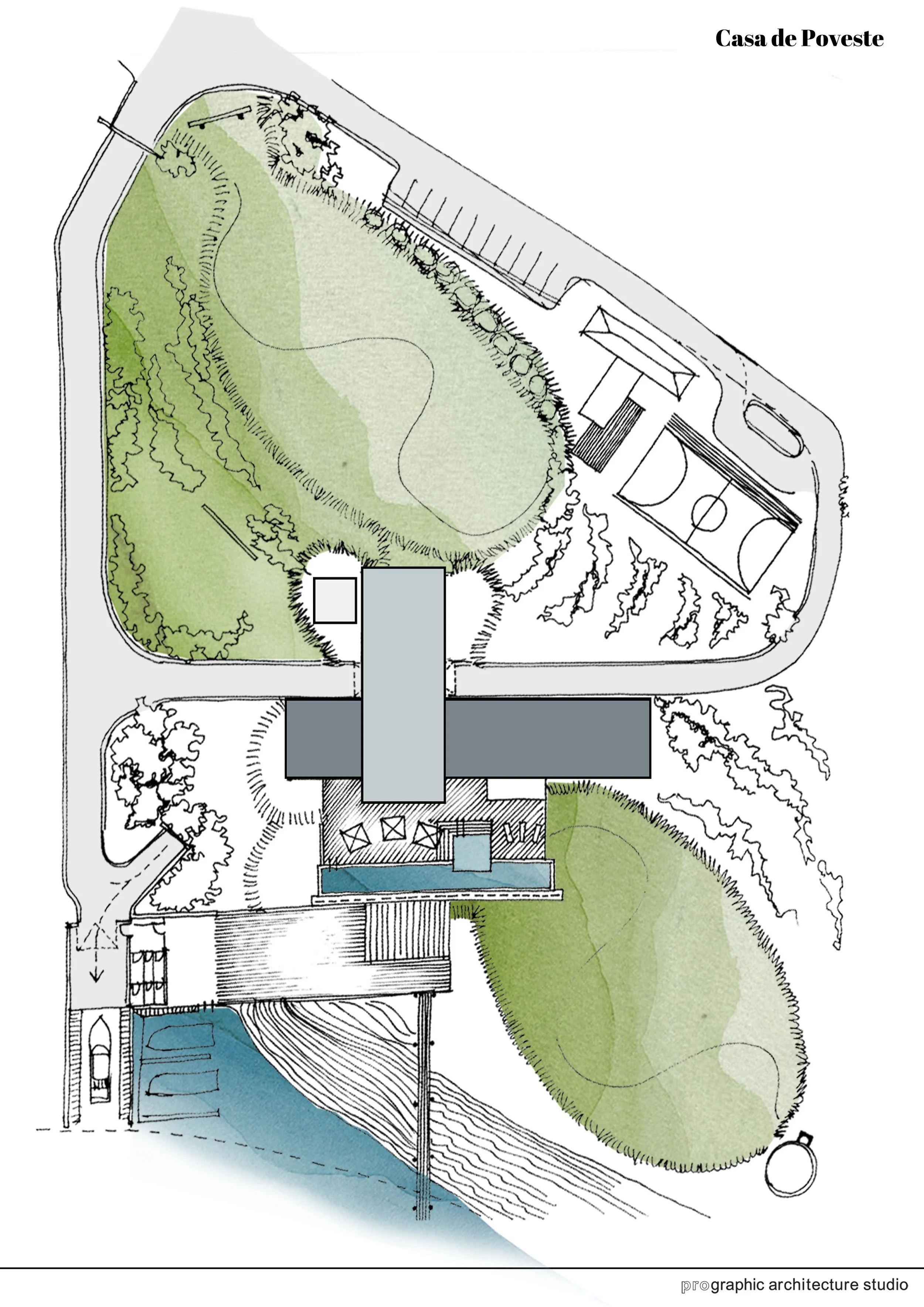 Site plan of Casa de Poveste with green lawns, a tennis court, a water feature, and parking areas.
