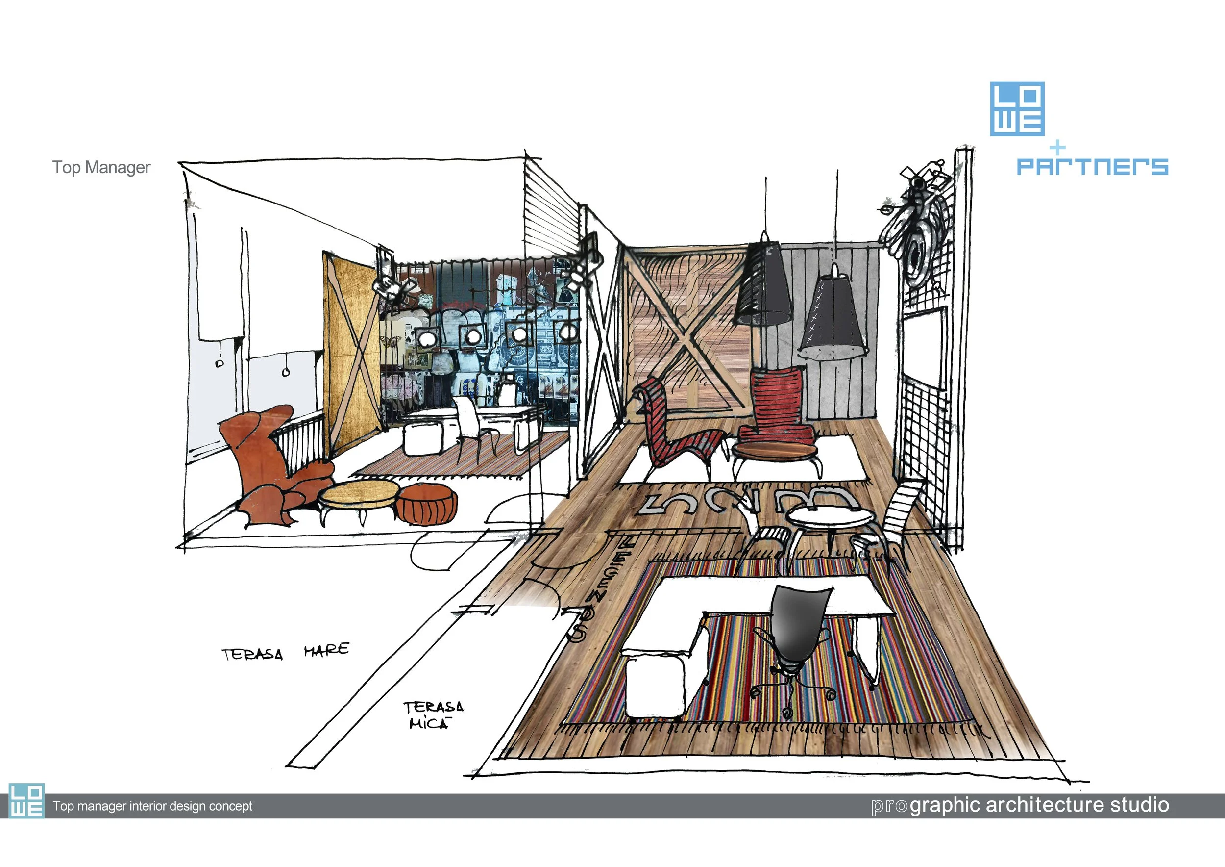 A hand-drawn interior design sketch of an office space with furniture and decor, including chairs, tables, rugs, and lighting fixtures, with labels and a logo in the top right corner.