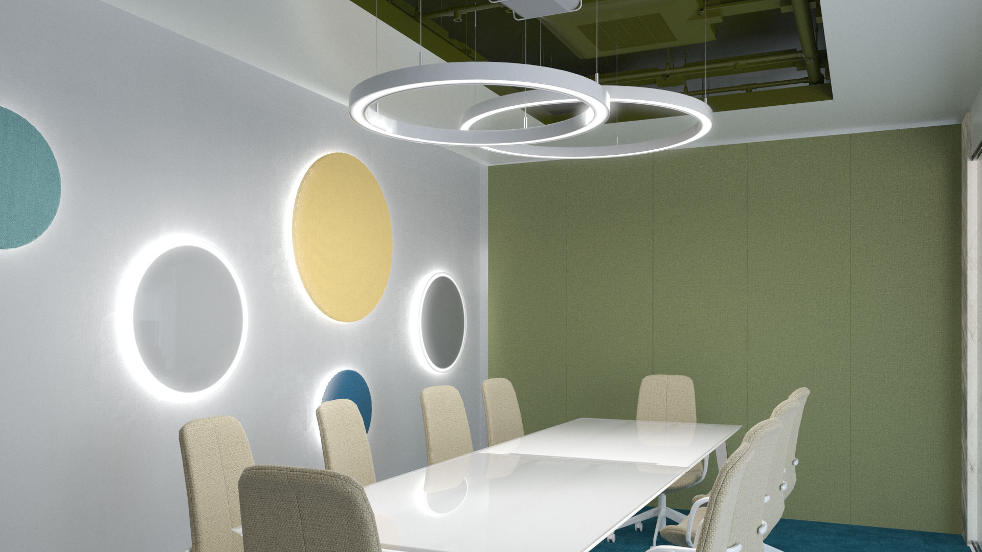 Modern conference room with a white table, beige chairs, and circular wall lights, featuring a green accent wall and decorative circular light fixtures on the ceiling.