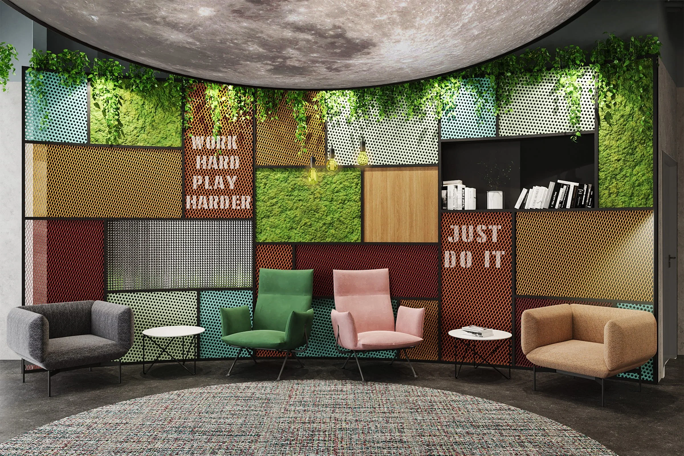 Modern interior with colorful seating, a mosaic rug, and a decorative wall with green plants, books, and motivational texts.