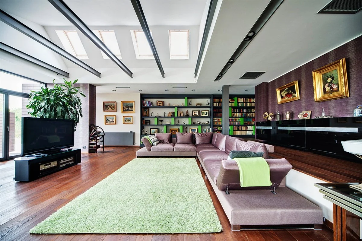 Modern living room with large L-shaped pink sofa, green throw blanket, wooden flooring, a flat-screen TV on a black stand, large potted plant, green and white rug, colorful bookshelf, decorative paintings on the wall, and sunlight coming through skylights.