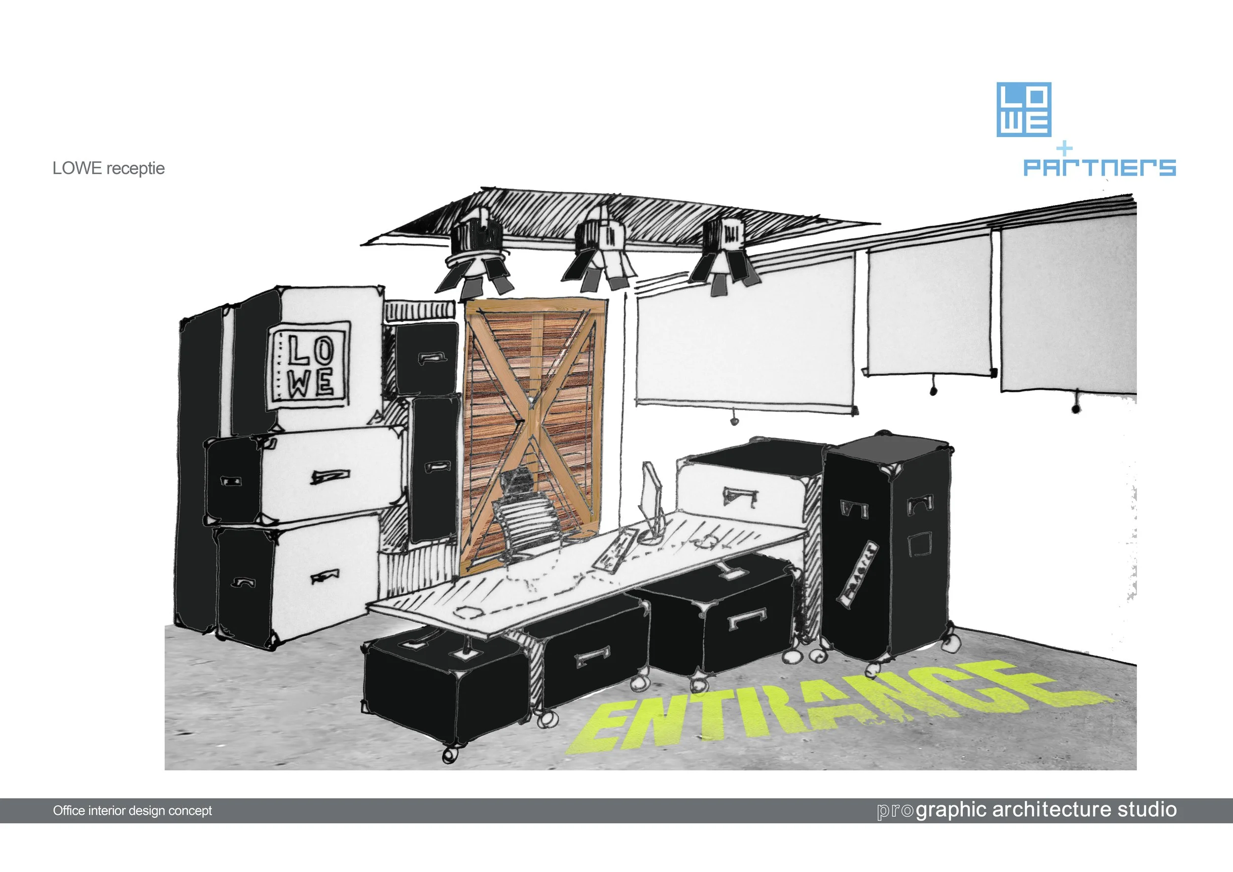 Interior office design concept with black storage units, a wooden sliding door, a desk with a computer, and overhead lighting, marked with a yellow 'ENTRANCE' on the floor.
