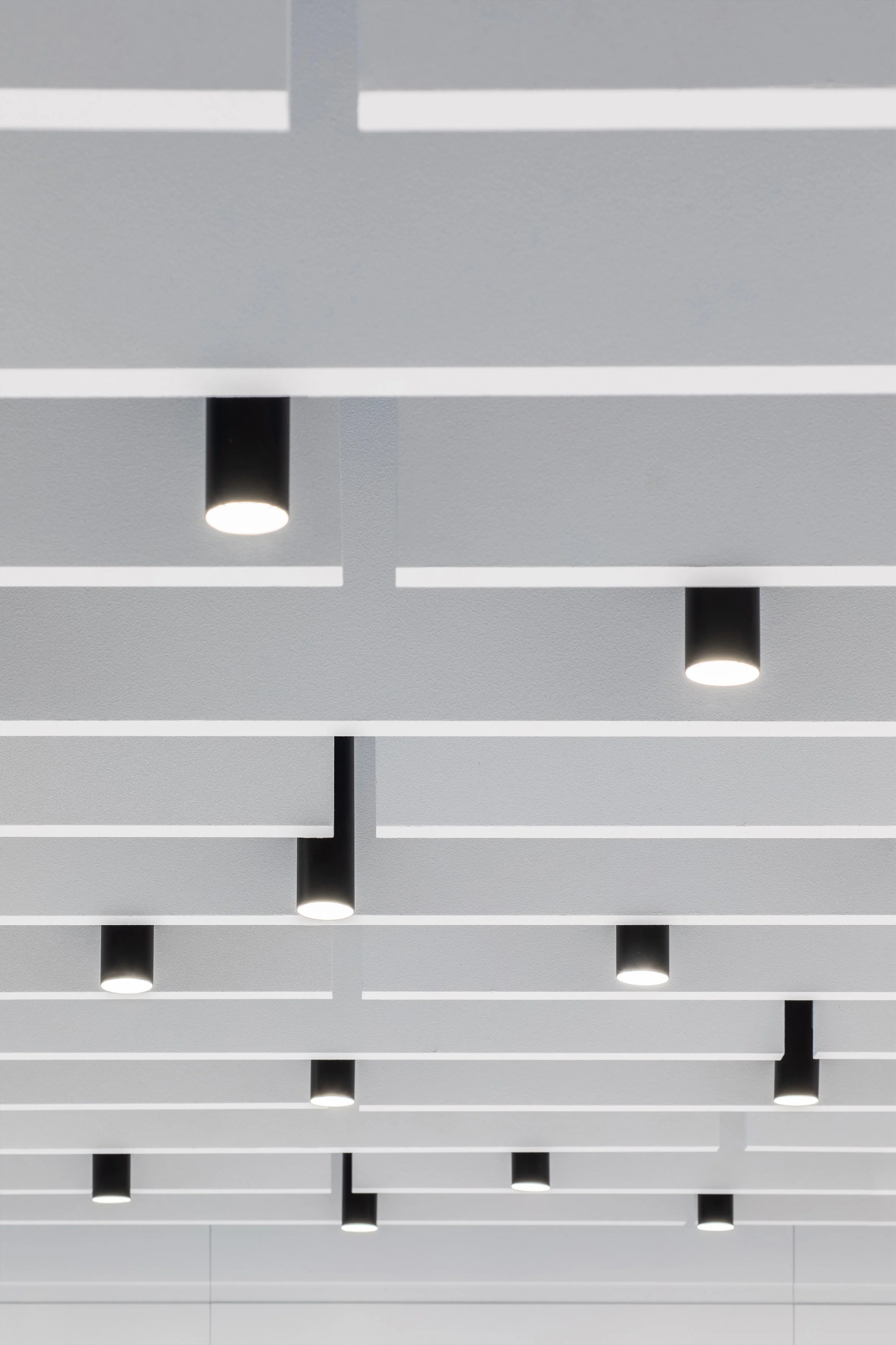 Ceiling with multiple black cylindrical recessed lights in a modern interior design.