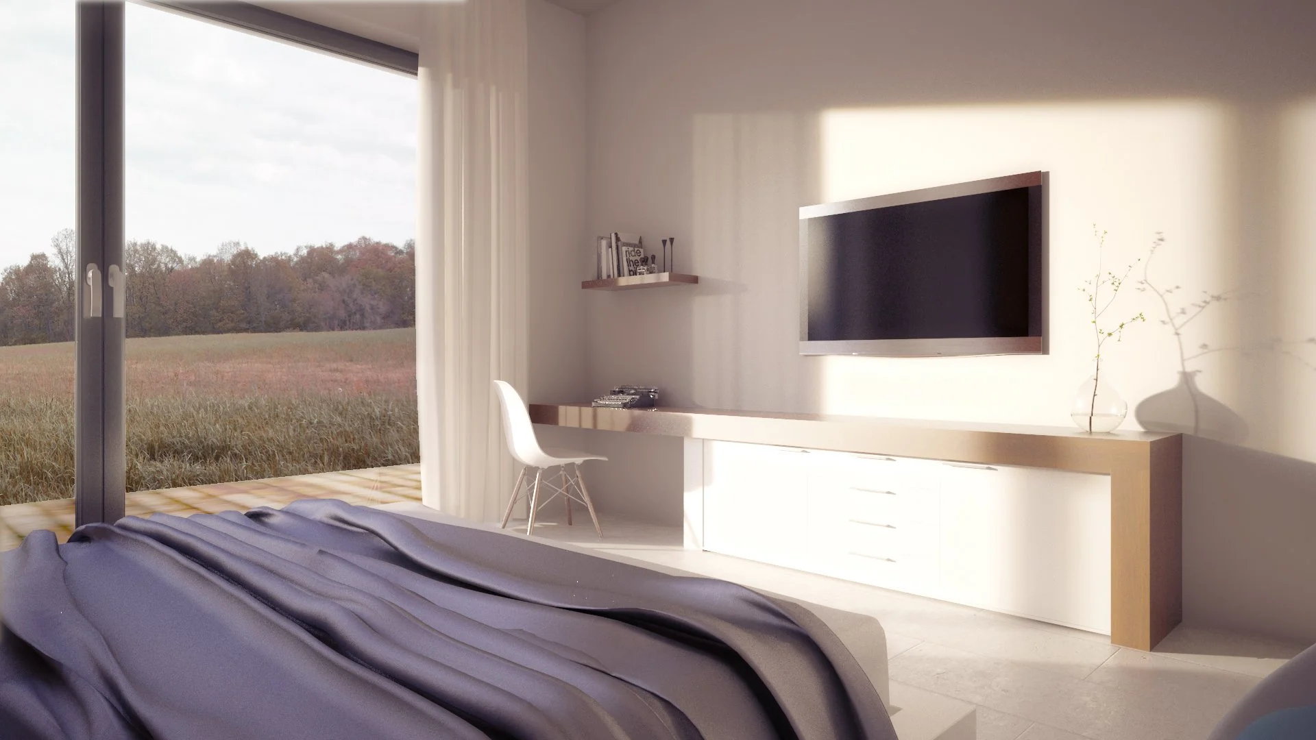 Modern bedroom with a large window showing a field and trees outside, a bed with a dark gray blanket, a wall-mounted TV, a white desk with a chair, a small shelf with books and decor, and a minimalist vase with a branch on a white cabinet.