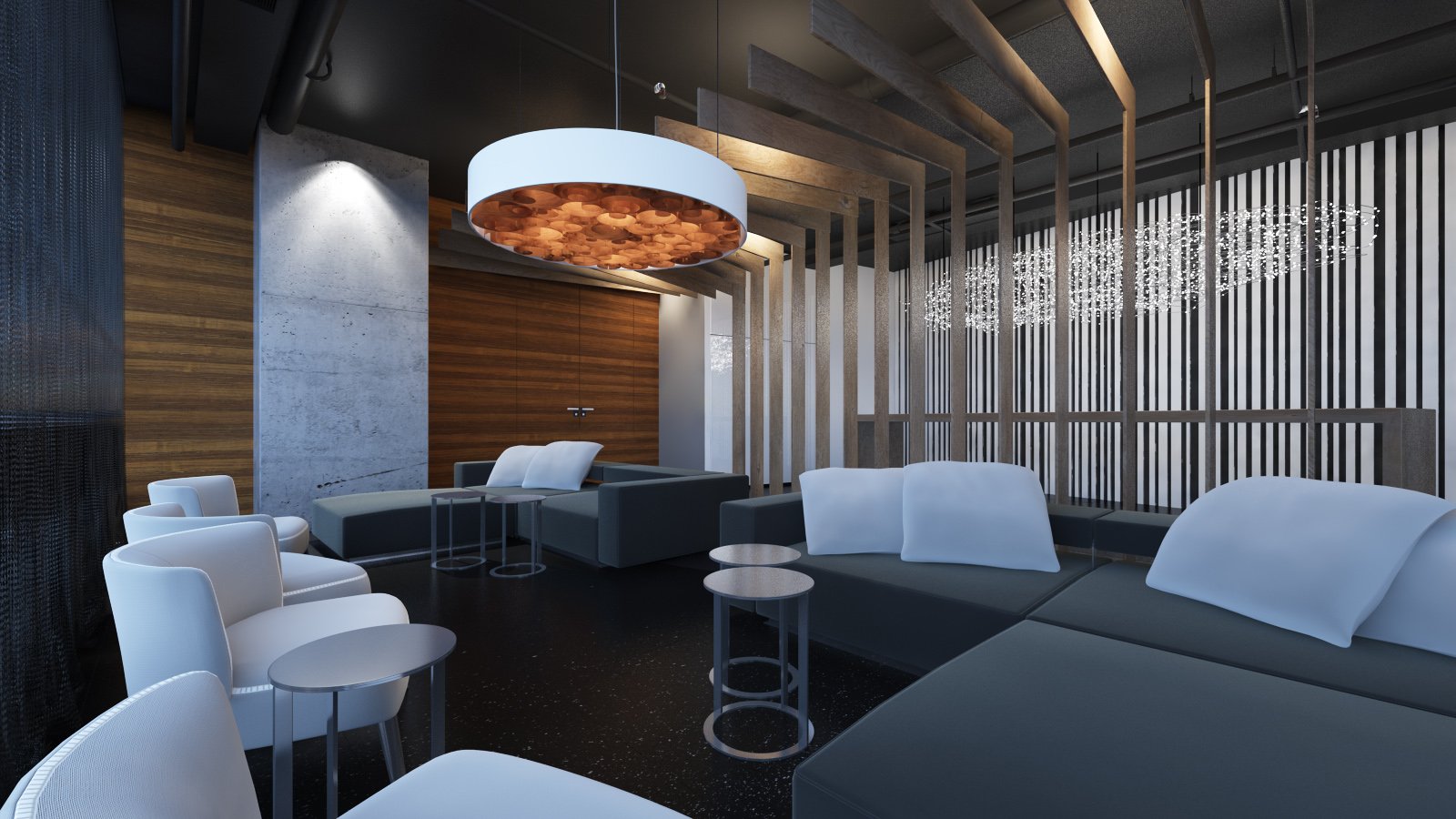 Modern lounge with black, white, and wooden furniture, decorative lighting, and a partition with vertical bars.