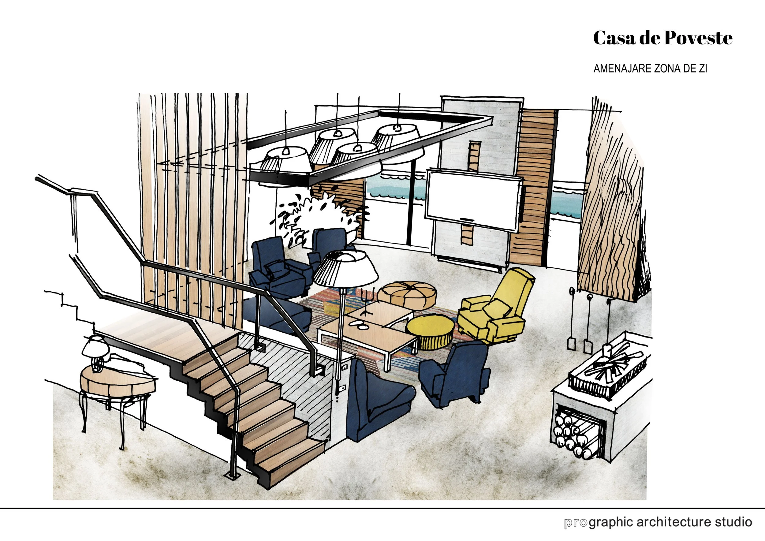 Design plan of a modern living room with blue and yellow armchairs, a TV, wall decor, and windows with views of water, featuring wooden accents and pendant lighting.