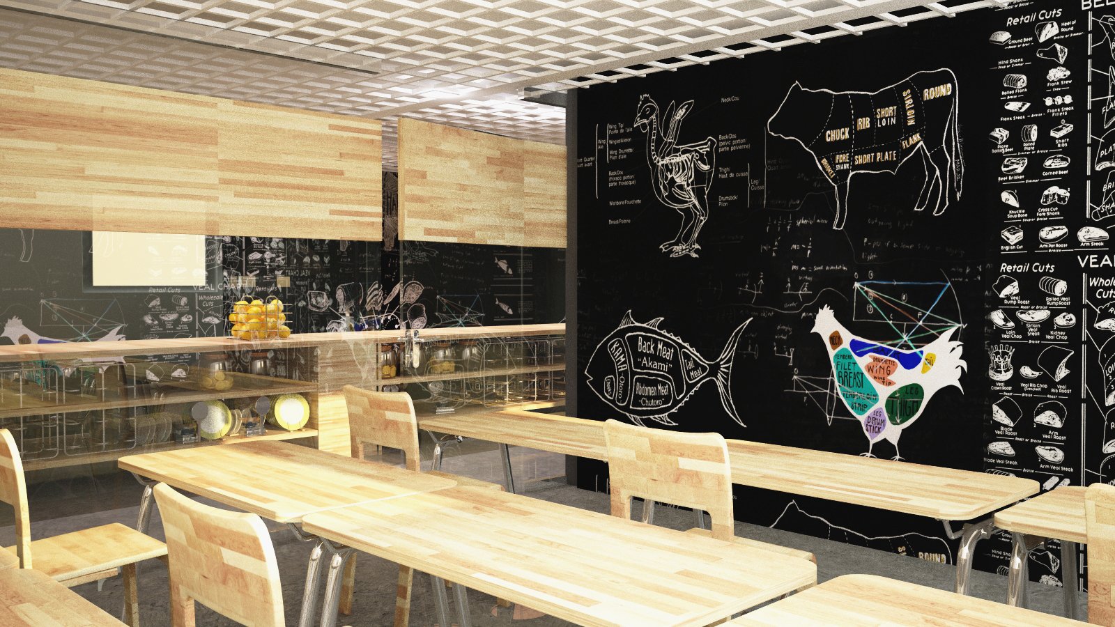 A modern cafeteria with light wood tables and chairs, black chalkboard walls decorated with diagrams of meat cuts and culinary notes, and a glass display case filled with lemons and other items, illuminated by ceiling lights.